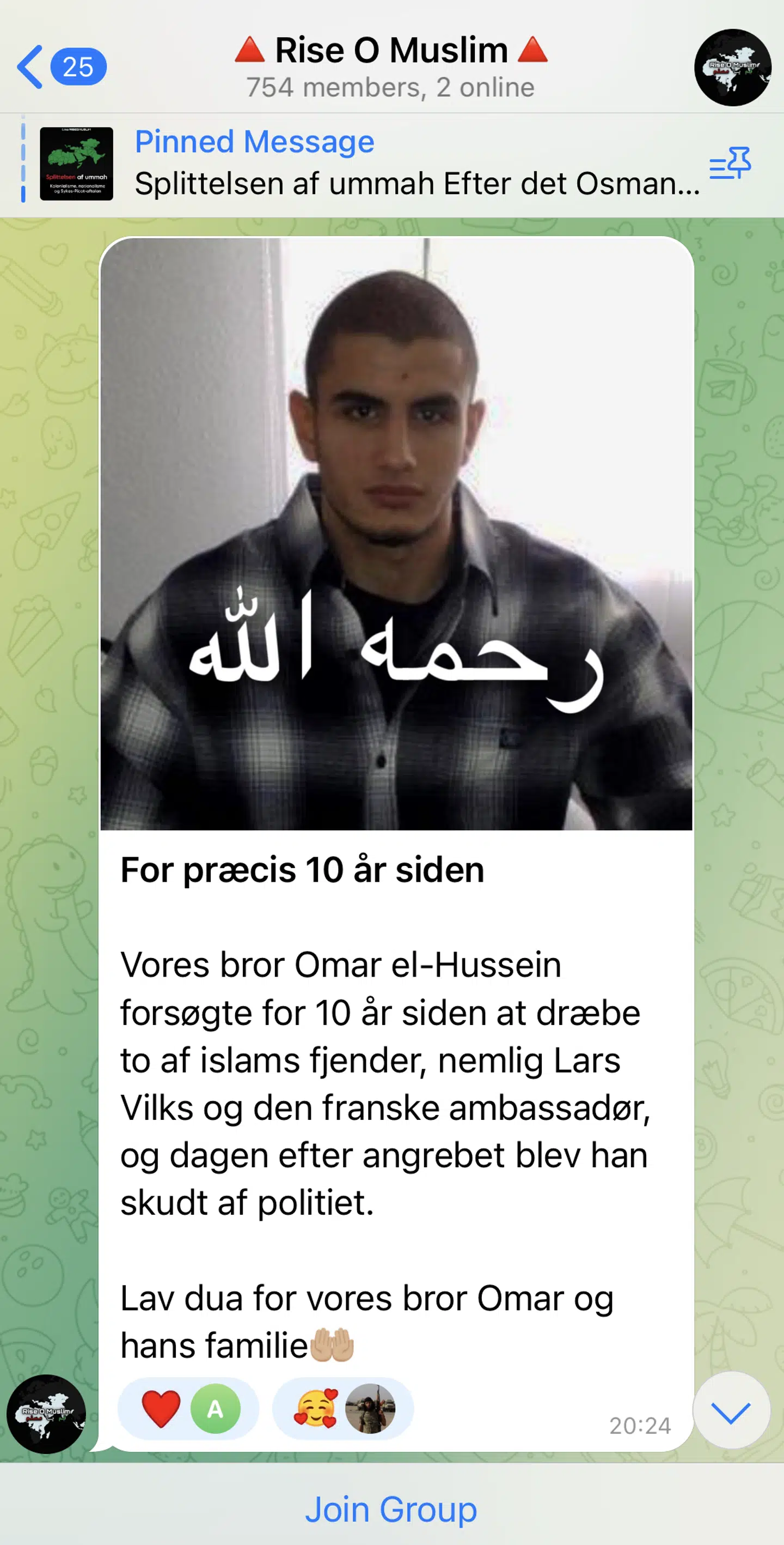 'Vi ønsker at oplyse primært muslimer, men også ikkemuslimer, om islam, og om de samfundsforhold der påvirker muslimerne i Danmark, og om de geopolitiske faktorer der påvirker den muslimske verden. Ønsket om et islamisk styre refererer naturligvis ikke til i Danmark, men til i den muslimske verden,' udtaler Rise O Muslims repræsentant i en Telegram-besked til B.T. Screenshot fra Telegram-gruppen Rise O Muslim.