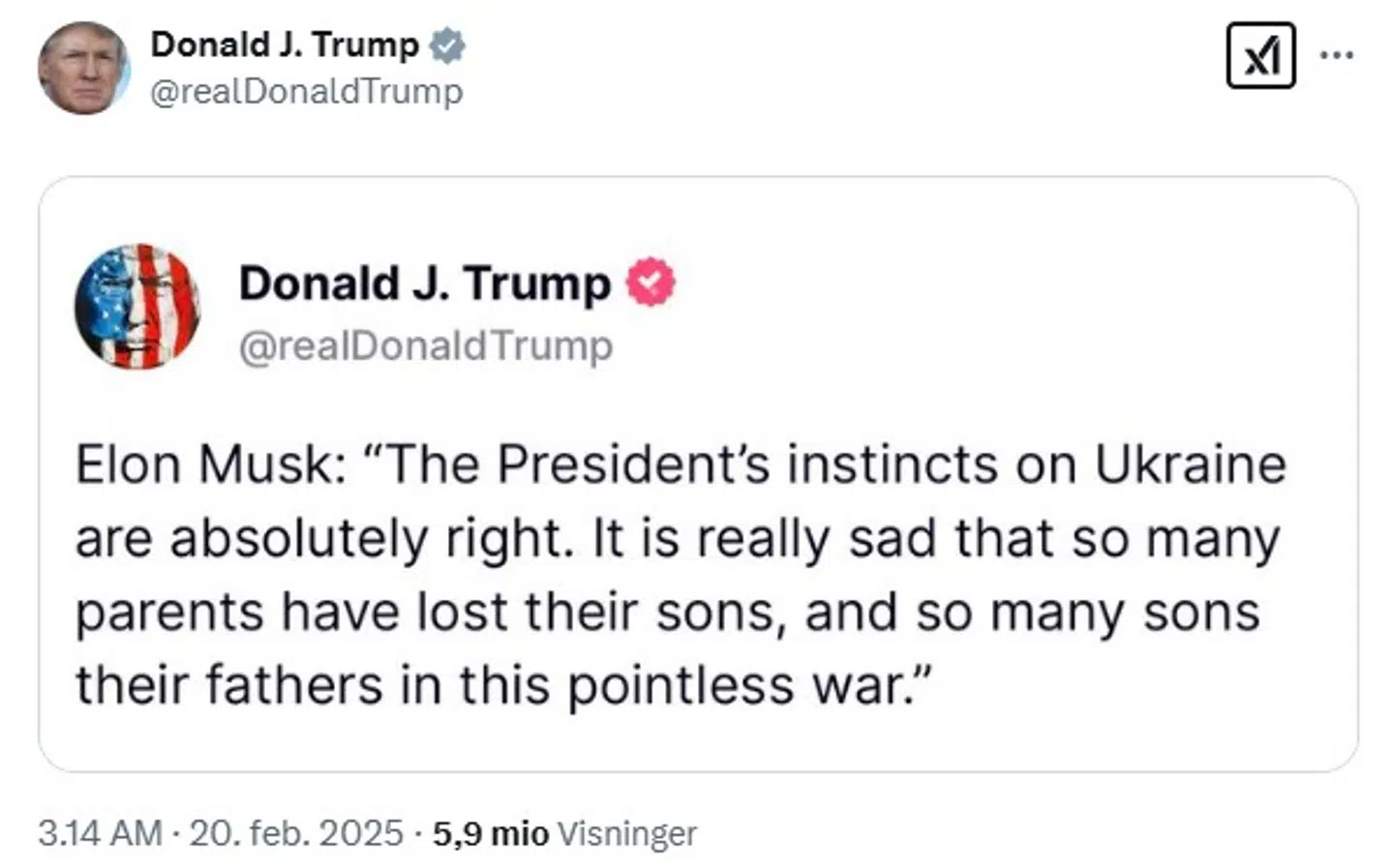 Her ses det opslag med citatet fra Elon Musk, som Donald Trump første delte på Truth Social – og siden også delte på X.