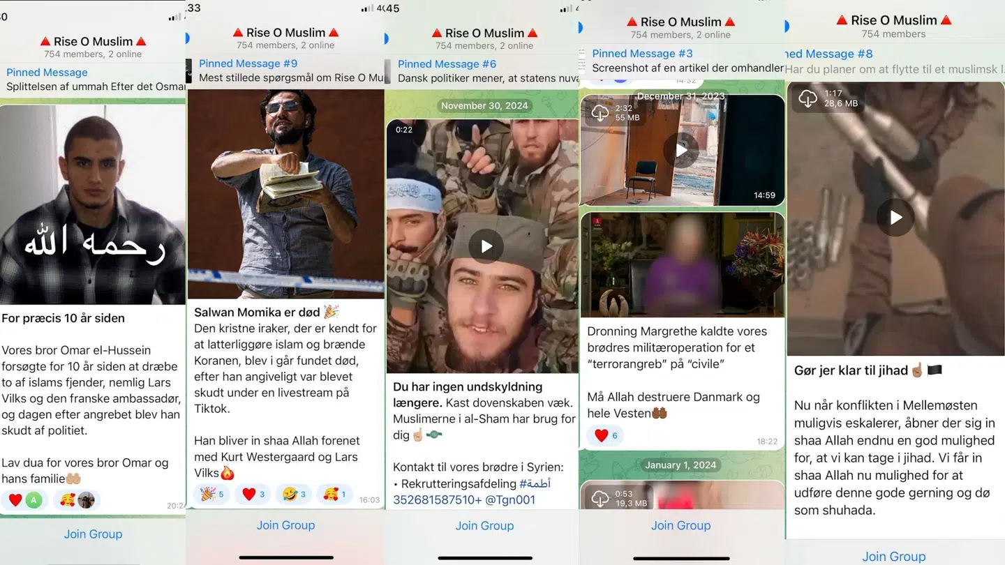 'Vi ønsker at oplyse primært muslimer, men også ikkemuslimer, om islam, og om de samfundsforhold der påvirker muslimerne i Danmark, og om de geopolitiske faktorer der påvirker den muslimske verden. Ønsket om et islamisk styre refererer naturligvis ikke til i Danmark, men til i den muslimske verden,' udtaler Rise O Muslims repræsentant i en Telegram-besked til B.T. Screenshot fra Telegram-gruppen Rise O Muslim. Her ses et udsnit af de opslag, der er at finde inde i Telegramgruppen.