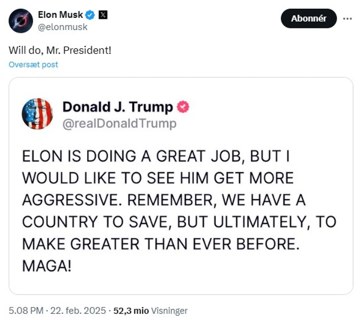 Her ses Elon Musks svar til Donald Trumps opfordring.