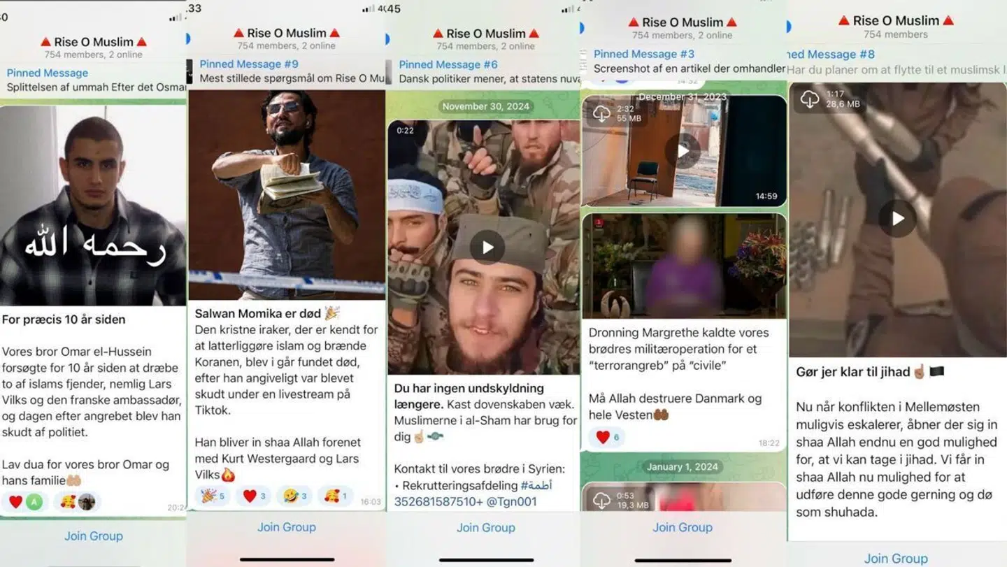 'Vi ønsker at oplyse primært muslimer, men også ikkemuslimer, om islam, og om de samfundsforhold der påvirker muslimerne i Danmark, og om de geopolitiske faktorer der påvirker den muslimske verden. Ønsket om et islamisk styre refererer naturligvis ikke til i Danmark, men til i den muslimske verden,' udtaler Rise O Muslims repræsentant i en Telegram-besked til B.T. Screenshot fra Telegram-gruppen Rise O Muslim. Her ses et udsnit af de opslag, der er at finde inde i Telegramgruppen.
