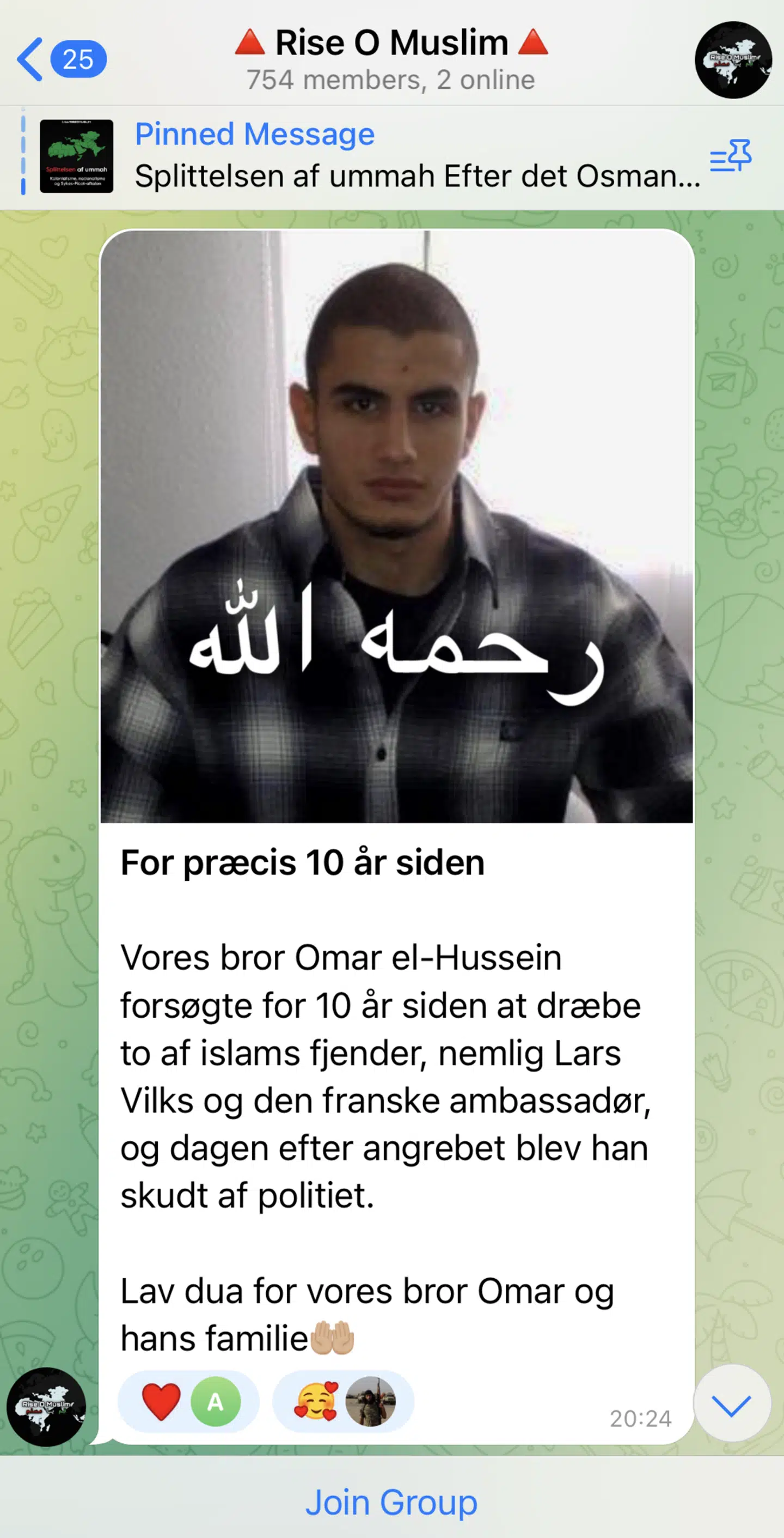 'Vi ønsker at oplyse primært muslimer, men også ikkemuslimer, om islam, og om de samfundsforhold der påvirker muslimerne i Danmark, og om de geopolitiske faktorer der påvirker den muslimske verden. Ønsket om et islamisk styre refererer naturligvis ikke til i Danmark, men til i den muslimske verden,' udtaler Rise O Muslims repræsentant i en Telegram-besked til B.T. Screenshot fra Telegram-gruppen Rise O Muslim.