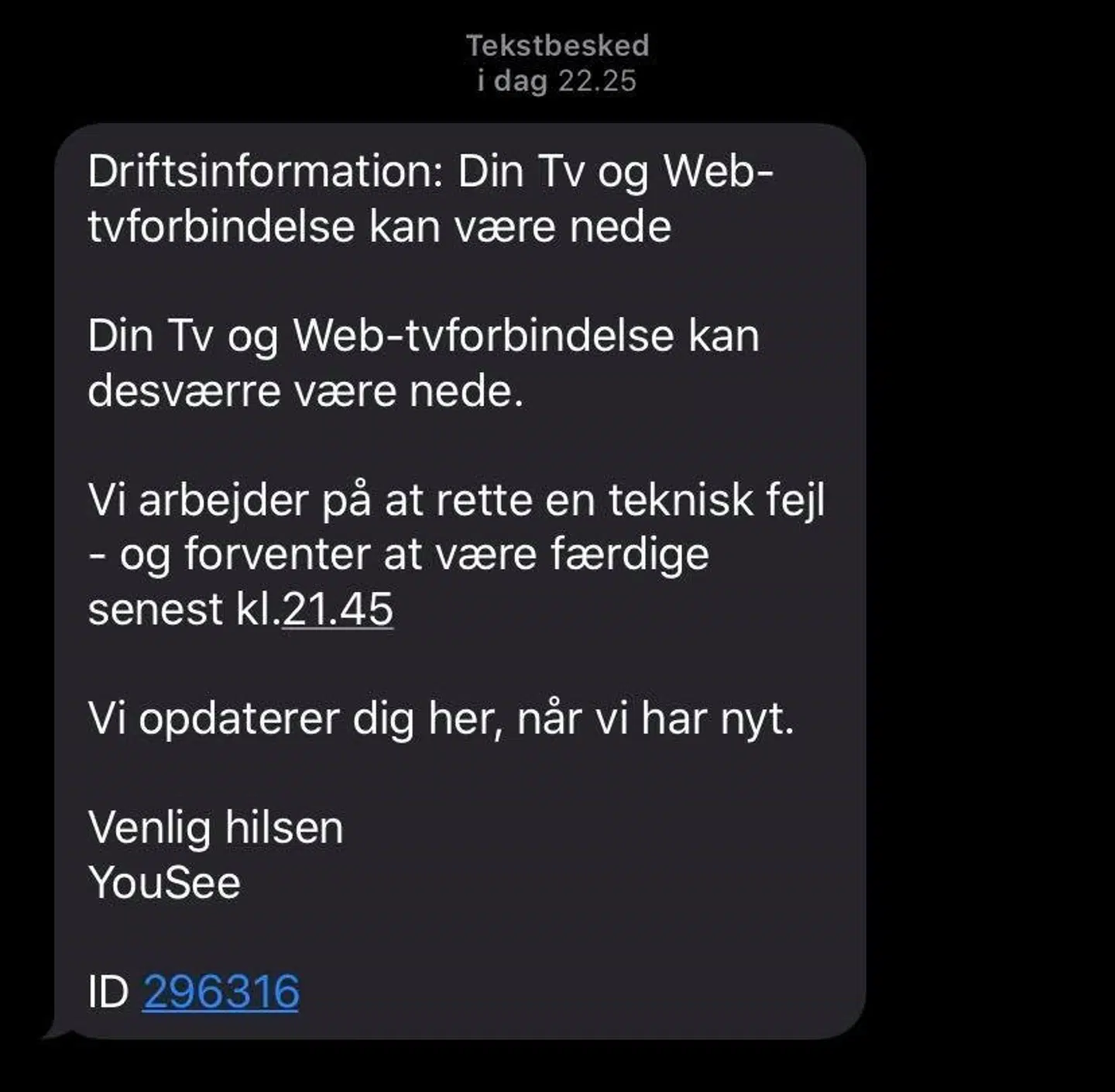 Her den besked Yousee-kunder fik tilsendt i forbindelse med nedbruddet.