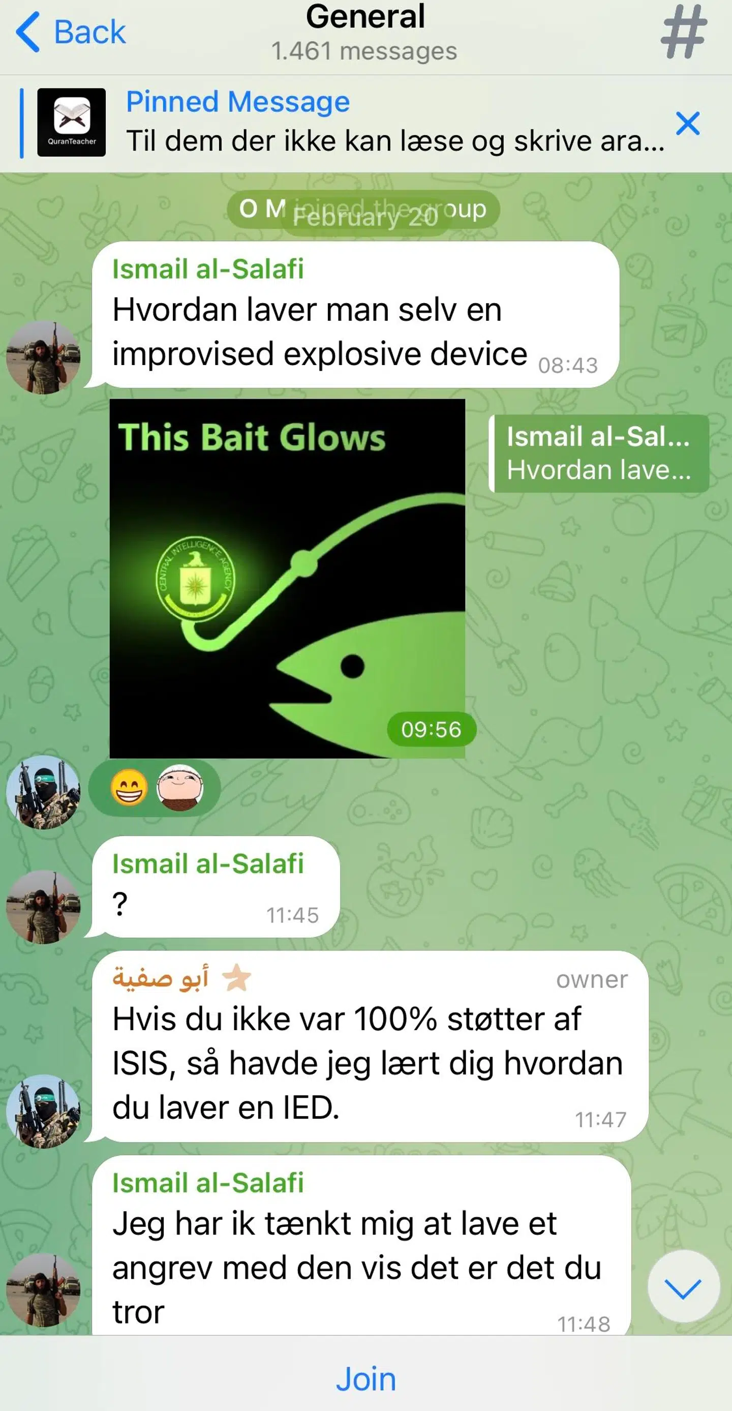 I en offentlig diskussions-chat under Rise O Muslims Telegramgruppe, blev der den 20. februar spurgt ind til, hvordan man laver en såkaldt 'improvised explosive device.'