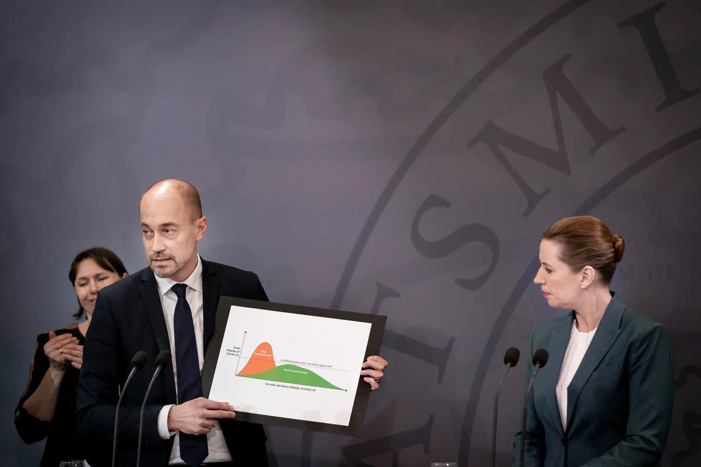 Statsminister Mette Frederiksen og daværende sundheds- og ældreminister Magnus Heunicke under pressetmødet den 10. marts 2020. Arkivfoto: Liselotte Sabroe, Scanpix
