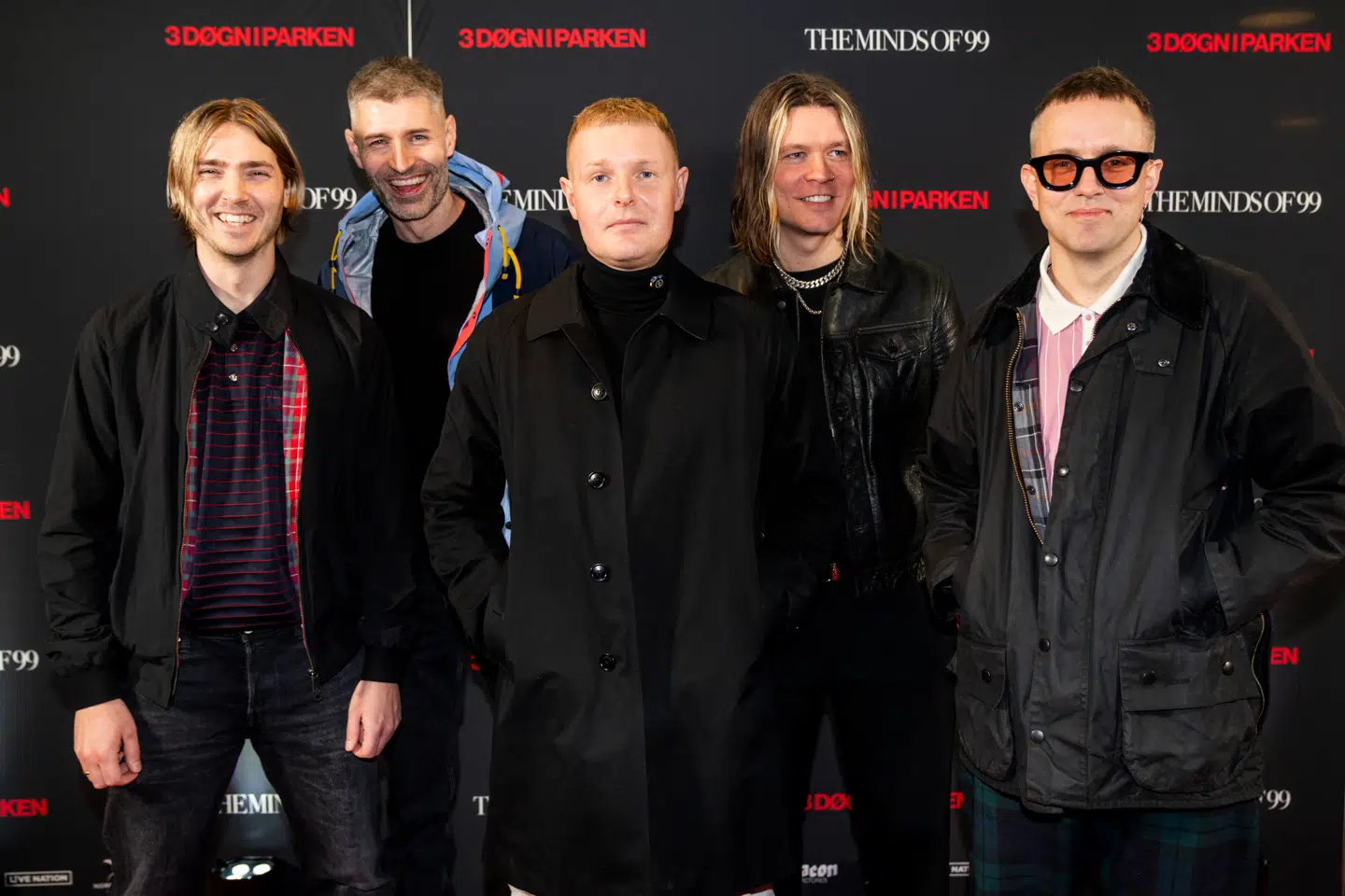 The Minds of 99 er bestående af (fra venstre) Asger Wissing, Louis Clausen, Niels Brandt, Jacob Bech-Hansen og Anders Folke Larsen. Her ses de 19. februar 2025 til gallapremieren på deres koncertfilm om deres Parken-koncerter.