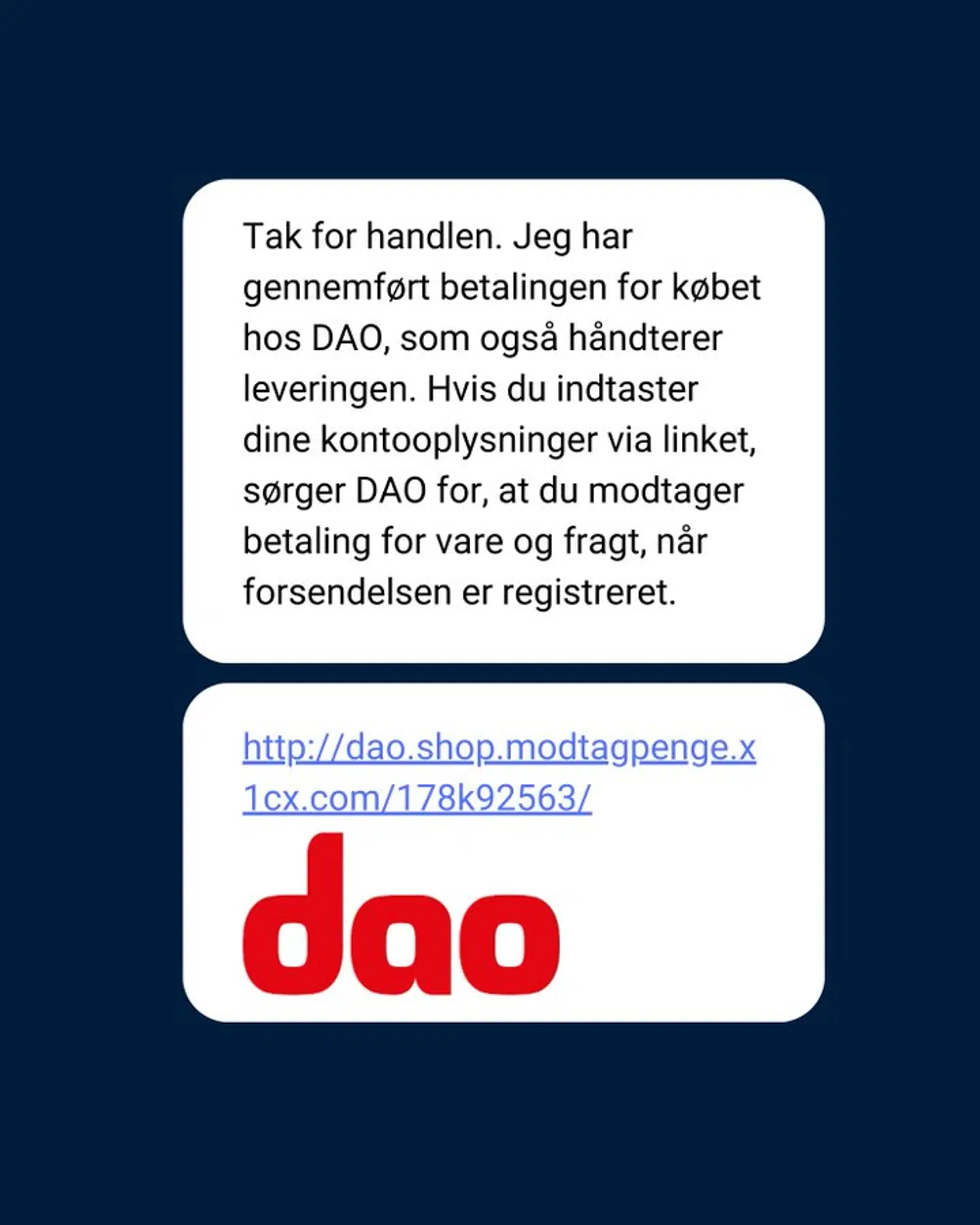 På billedet ses en af de beskeder, der buges til at svindle sælgere. Når der klikkes på linket, bliver sælgeren typisk bedt om at indtaste sine MitID-oplysninger.