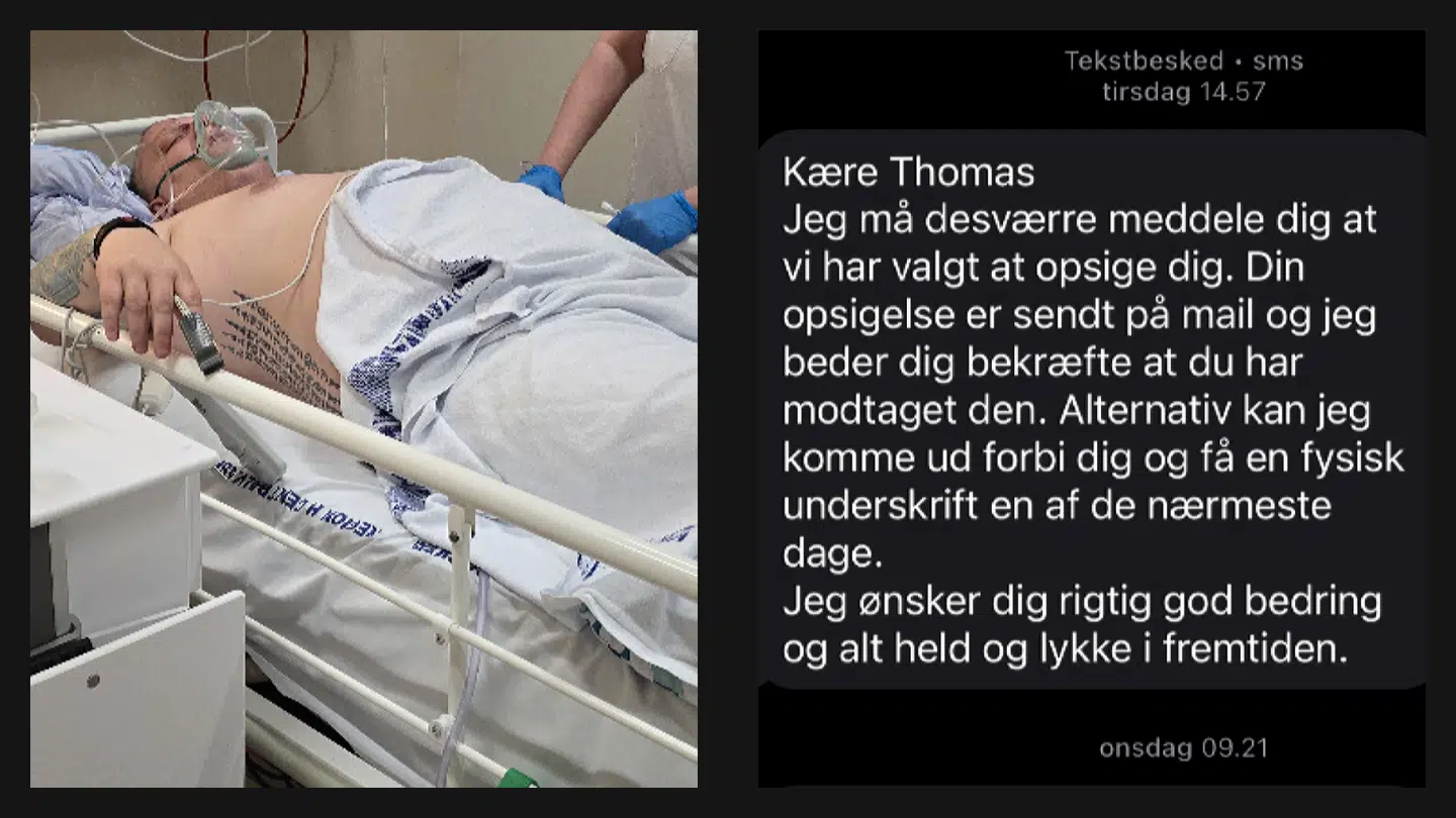 Til venstre ses Thomas på hospitalet - til højre ses den opsigelses-sms, han modtog dagen efter ulykken