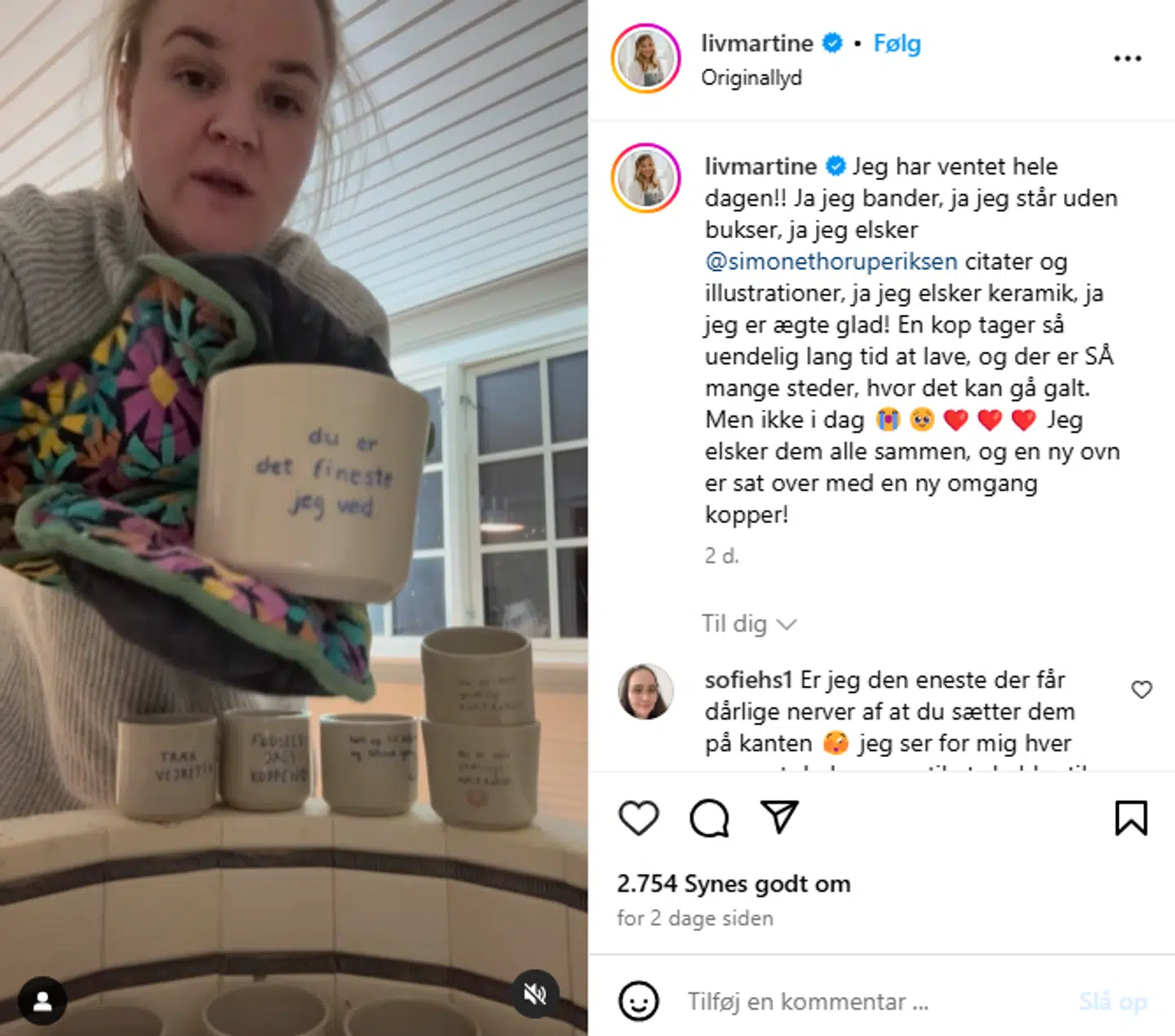 Liv Martine viste i fredags de første af sine nye kopper frem. Foto: Screenshot / livmartine / Instagram