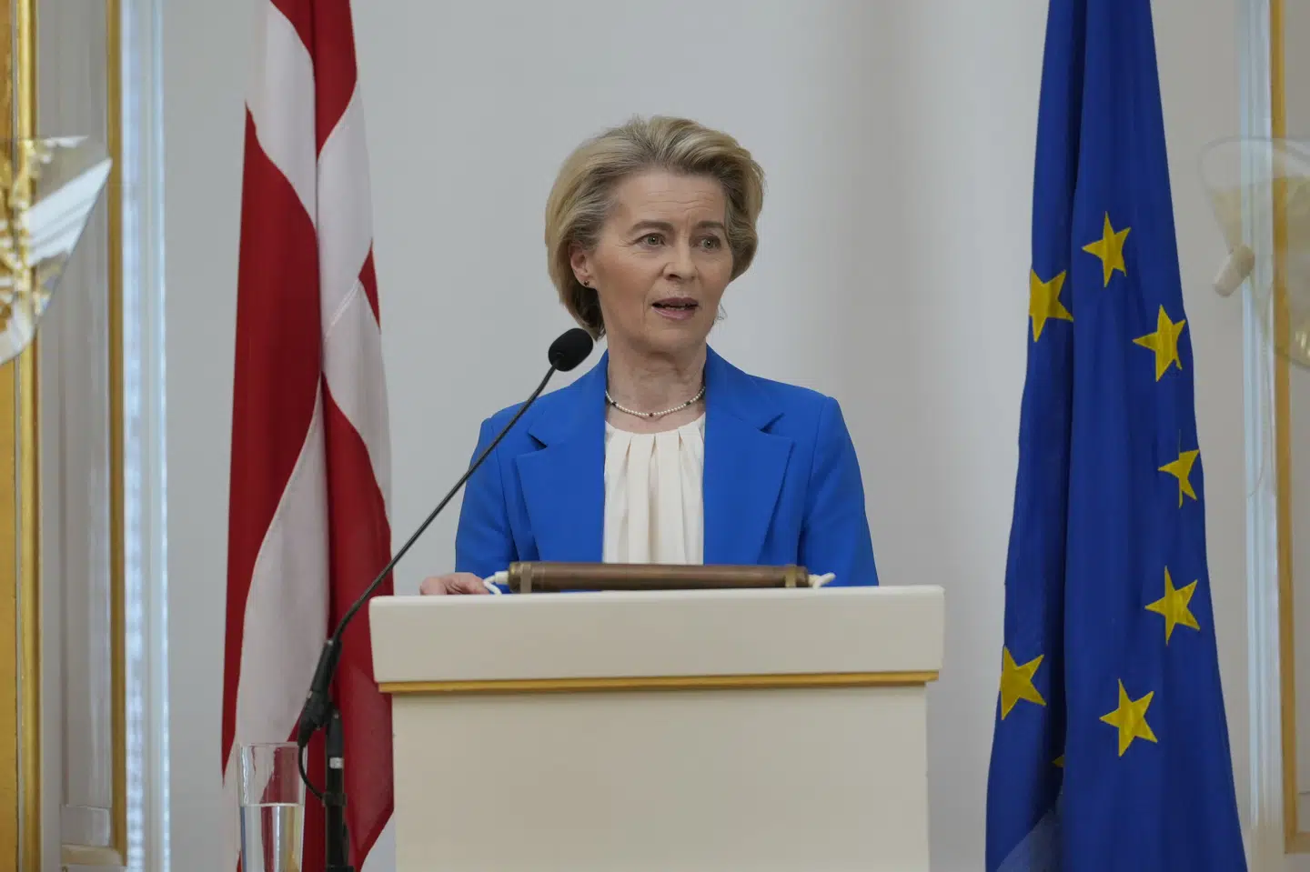 EU-Kommissionsformand Ursula von der Leyen taler tirsdag på Hærens Officersskole på Frederiksberg Slot i København.