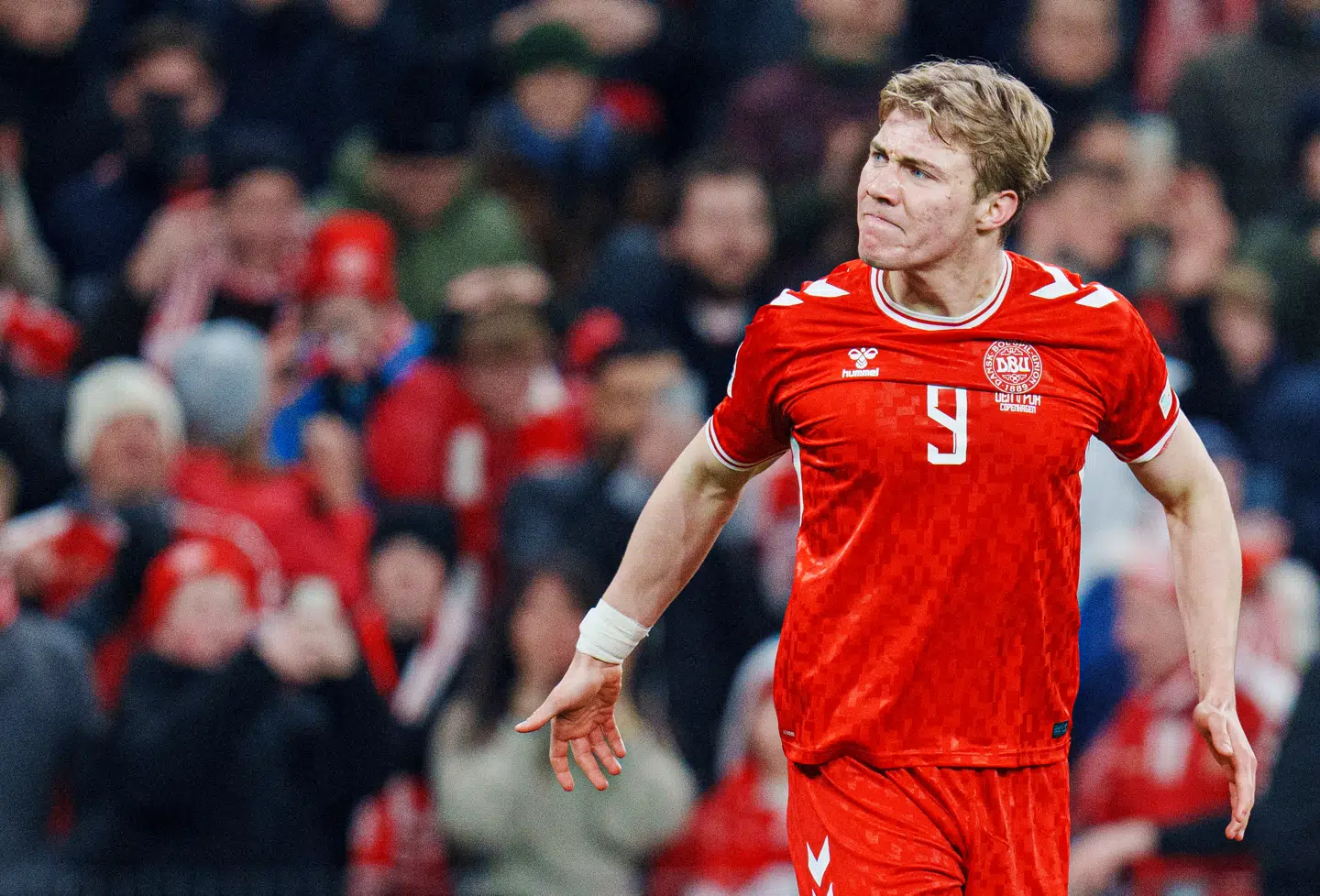 Danmarks Rasmus Højlund scorede til 1-0 under UEFA Nations League playoffkampen i Liga A mellem Danmark og Portugal i Parken i København, torsdag den 20. marts 2024.