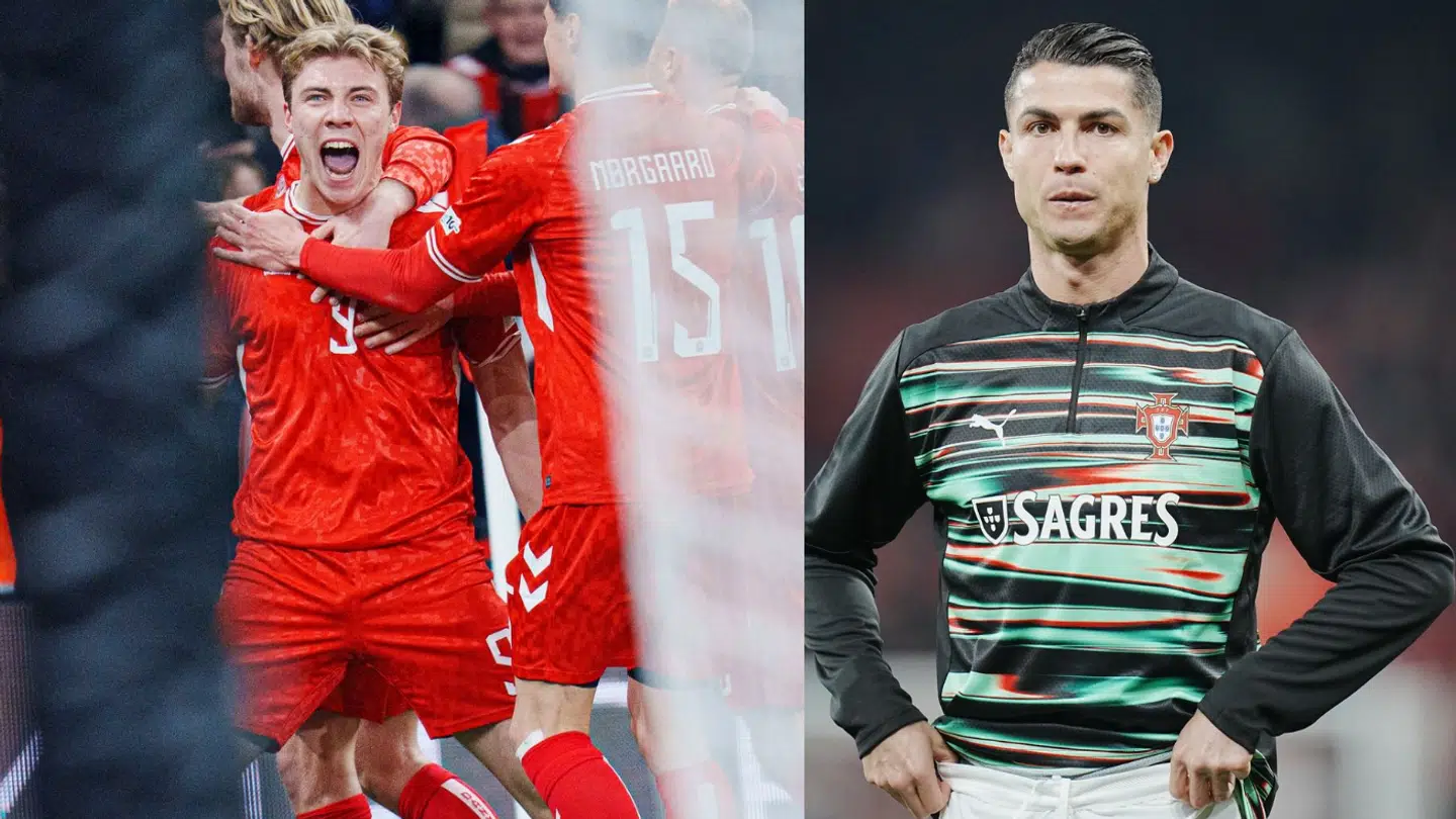 Rasmus Højlund scorede det afgørende mål i landskampen mellem Danmark og Portugal torsdag aften – og fejrede det med en vaskeægte Christiano Ronaldo-jubelscene foran idolet selv. Fotos: Ritzau Scanpix