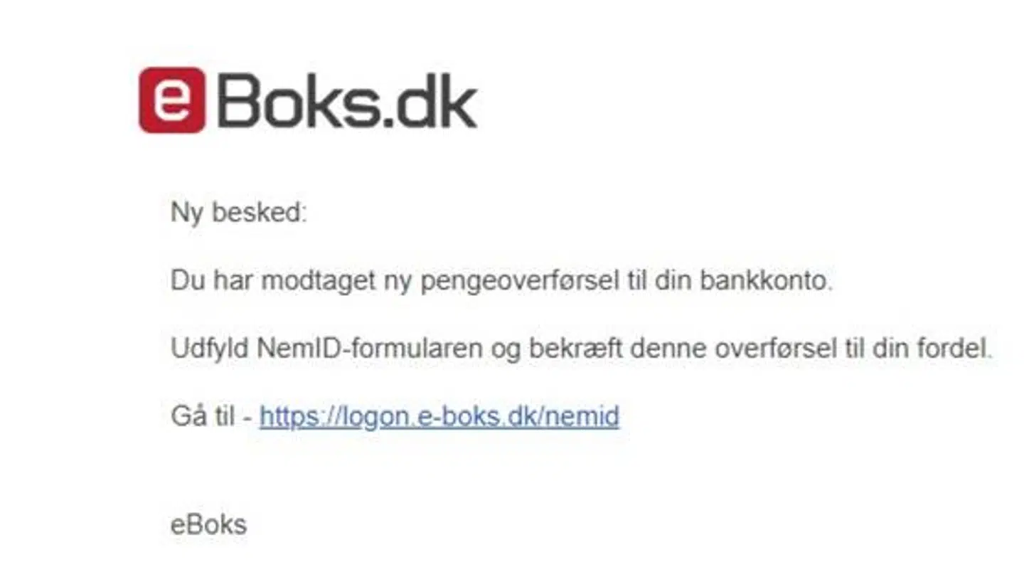 Her ses eksempel på en falsk mail fra nogen, der udgiver sig for at være fra e-Boks.