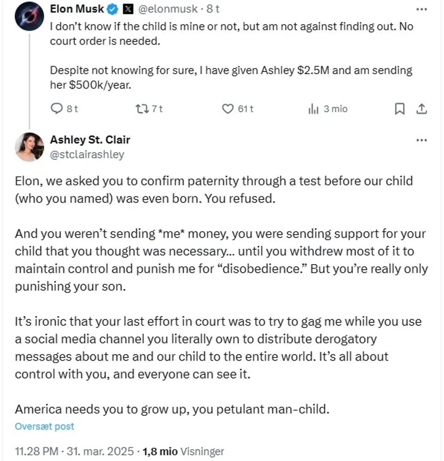 Her ses opslagene fra Elon Musk og Ashley St. Clair.