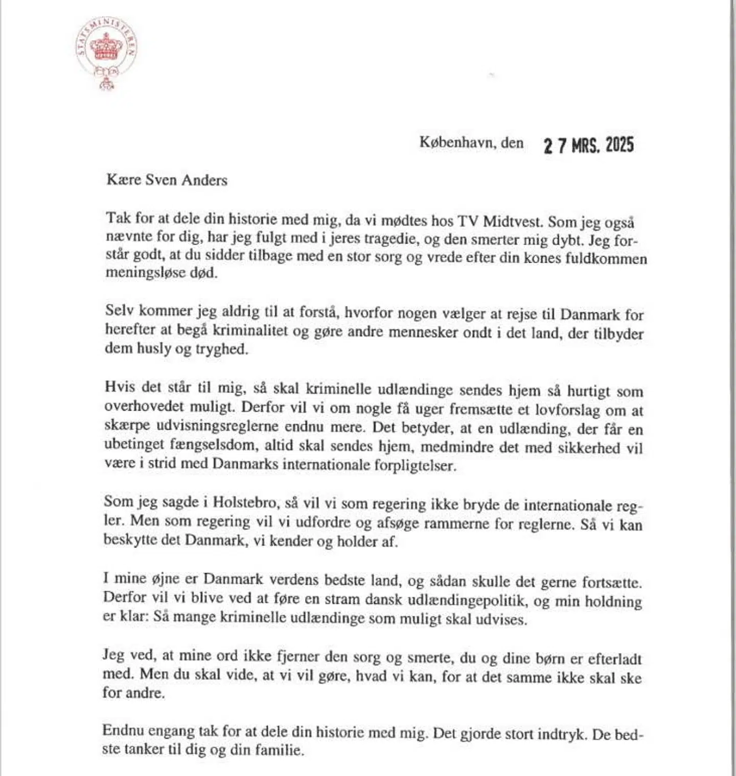 Det er dette brev, som Sven Anders har fået af Mette Frederiksen.