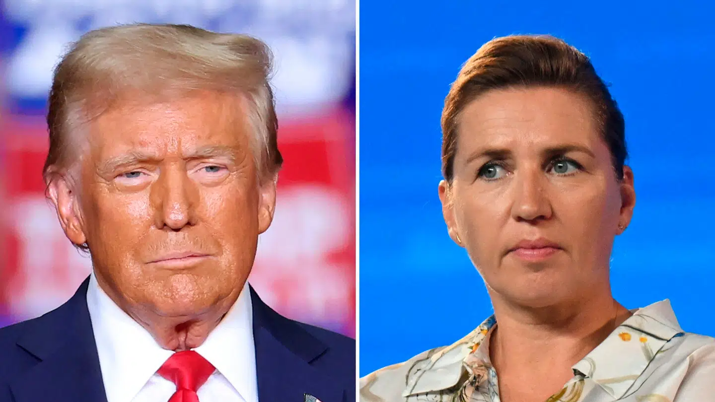 En video af en skraldgrinende Mette Frederiksen (th.) deles på sociale medier i USA. Men det er ikke, som det påstås, USAs præsident, Donald Trumps (tv.), planer om at købe Grønland, hun griner af.