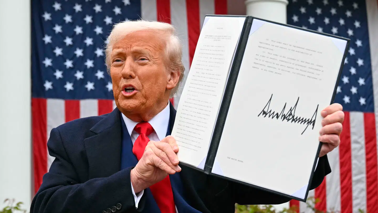 USAs præsident, Donald Trump, ses her under pressemødet, hvor han annoncerede de nye toldsatser.