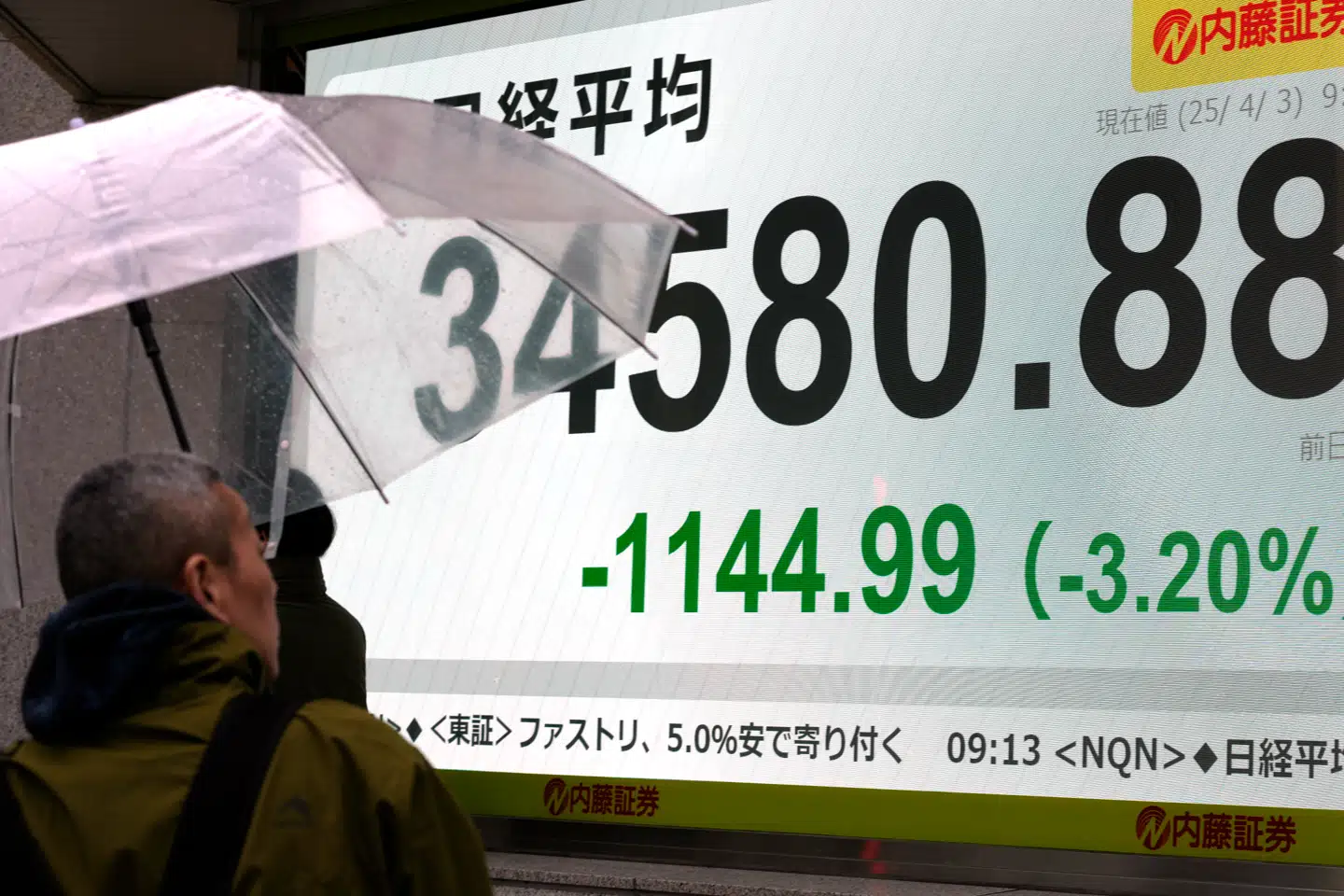 Forbipasserende ser på, hvor store tabene er på aktiemarkedet på den japanske Nikkei-børs i Tokyo torsdag morgen.