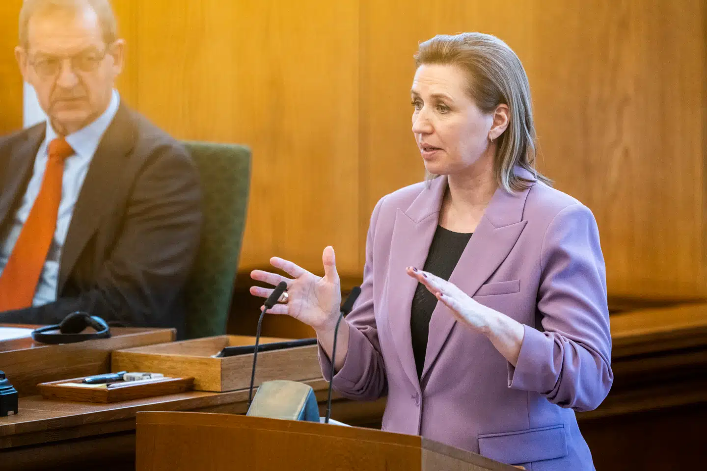 Statsminister Mette Frederiksen (S) under spørgetime 18. februar 2025.