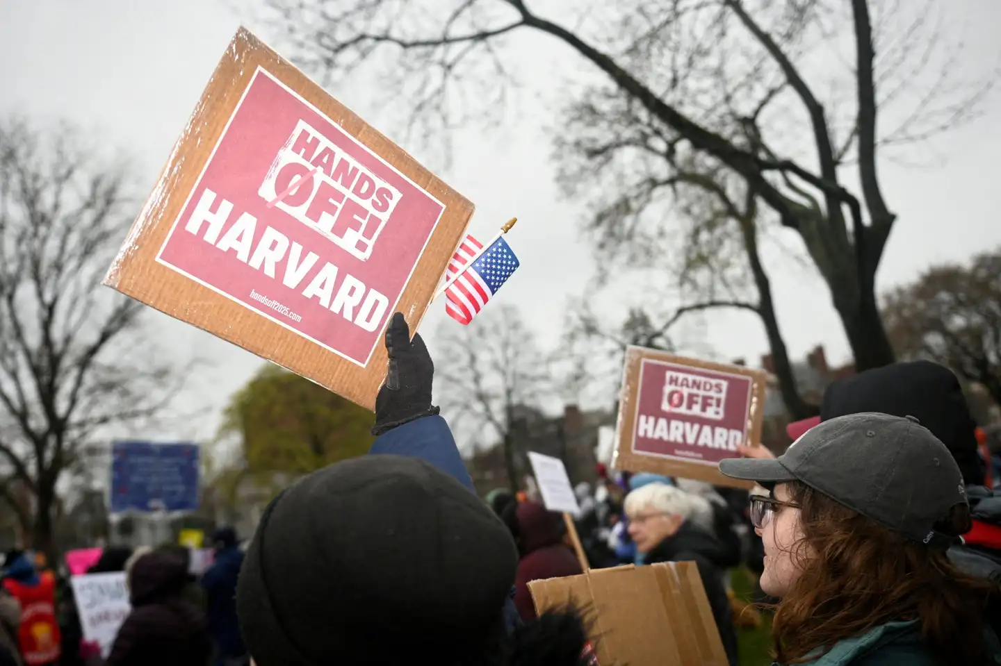 Lørdag blev der demonstreret mod præsident Donald Trumps krav uden for Harvard University i Cambridge.