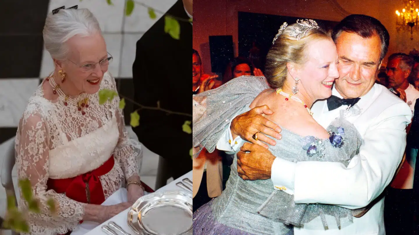 Dronning Margrethe og prins Henrik dansede sammen under deres sølvbryllup i 1992. Her bar dronning Margrethe også den halskæde, hun havde fået i gave af ægtemanden, som hun igen viste frem til sin 85 års fødselsdag. Fotos: Ritzau Scanpix og Kongehuset