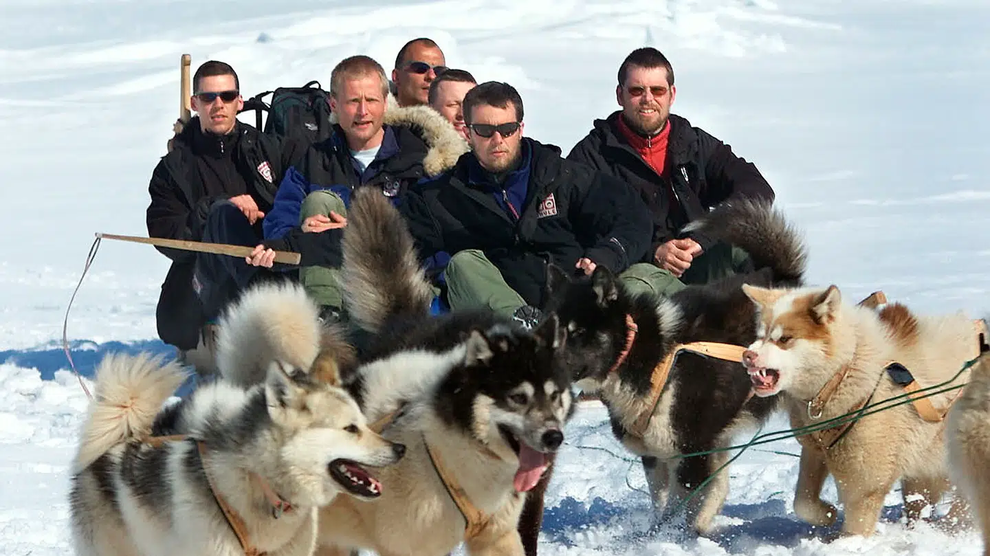 Sådan det ud, da den daværende kronprins i 2000 tog afsked med de fem andre på Ekspedition Sirius 2000. Her er de fotograferet på en sidste slædetur.