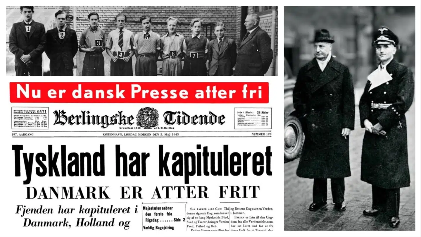 Berlingske på befrielsesdagen for 80 år siden. Krigen var slut, og Besættelsen var historie. Først blev historien skrevet som modstand, blandt andet gennem Churchill-klubben (billedet øverst), men i den seneste generation er den skrevet som samarbejde, blandt andet mellem statsminister Erik Scavenius og den tyske rigsbefuldmægtigede, Werner Best (til højre). Historieskrivningen har fulgt tiderne, og nu er tiderne skiftet, og historien vil følge med. Men til hvad?