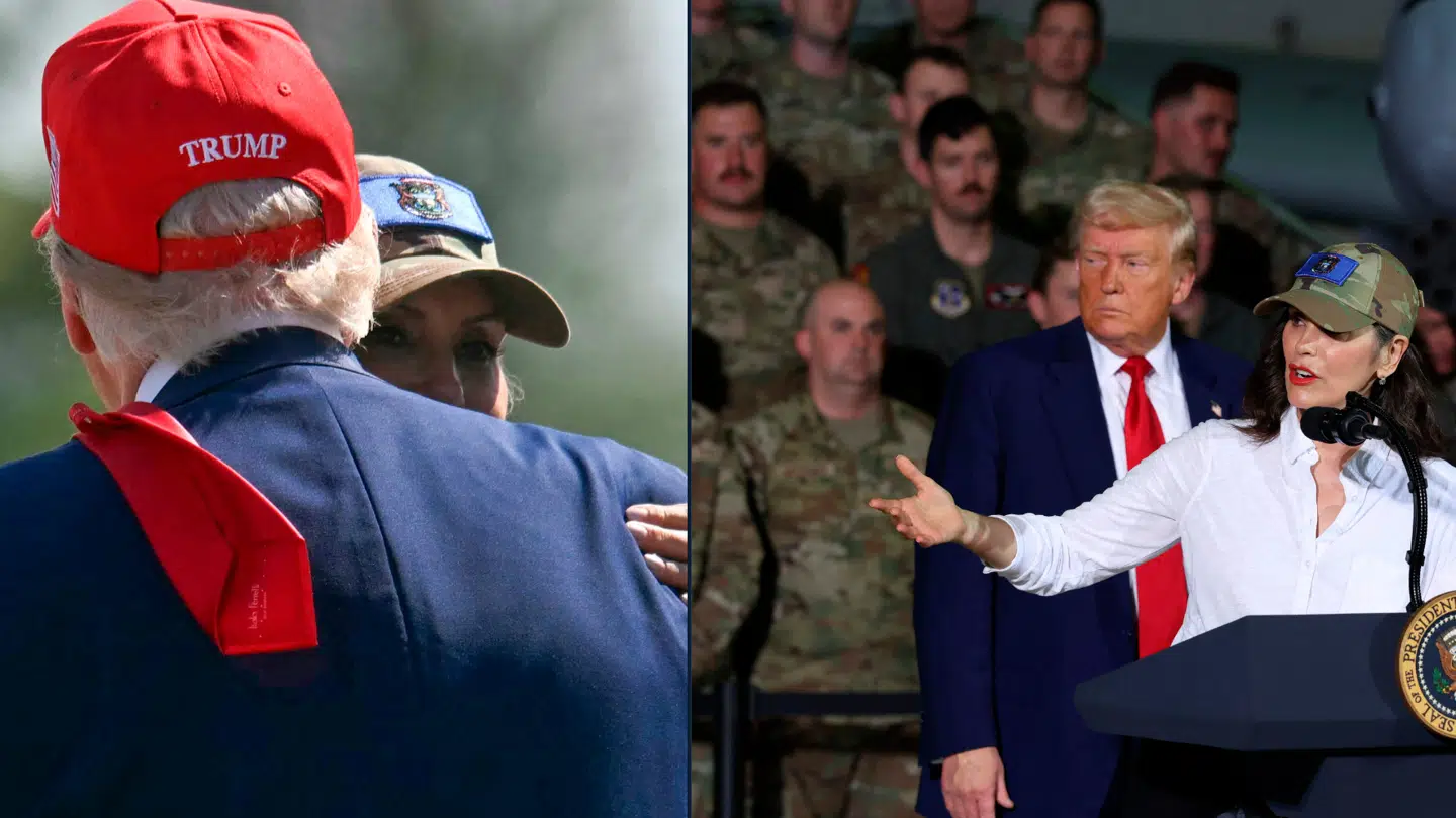 Donald Trump og den demokratiske guvernør i Michigan, Gretchen Whitmer, til fejring af Trumps første 100 dage som præsident natten til onsdag dansk tid.