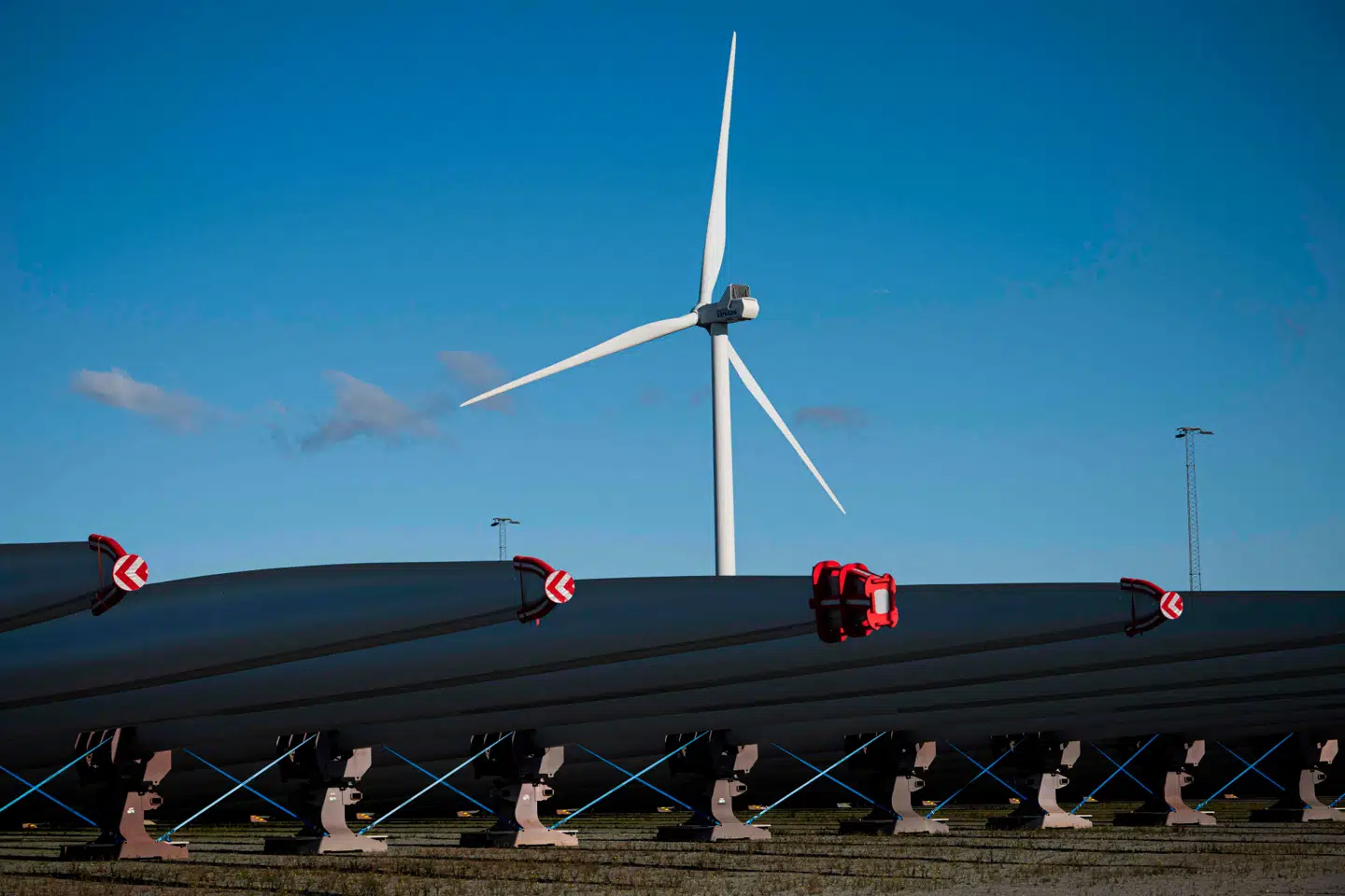 Turbineblade fra den danske vindmøllegigant vestas ligger klar til afskibning i havnen i Odense. Vestas' regnskab for årets første tre måneder overraskede positivt. Arkivfoto