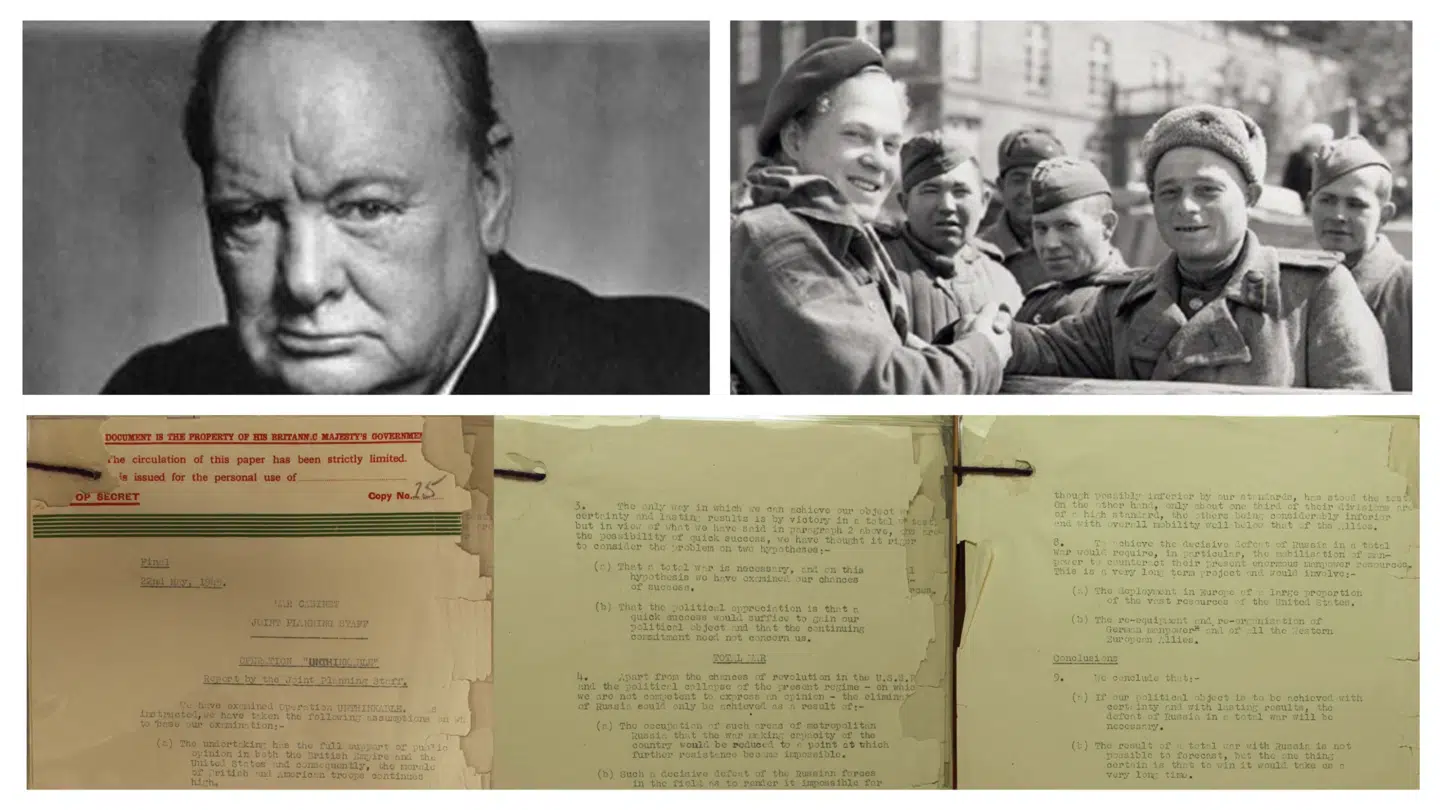 For 80 år siden var Chuchill en bekymret mand. Russerne havde kurs mod Danmark, og han skulle stoppe dem. En lille canadisk enhed nåede Wismar timer før russerne (billedet øverst til højre) og stoppede her den russiske fremmarch mod Danmark. Samtidigt bad Churchill sin inderkreds om at overveje »Operation Unthinkable« (nederst): En fortsættelse af krigen mod russerne.