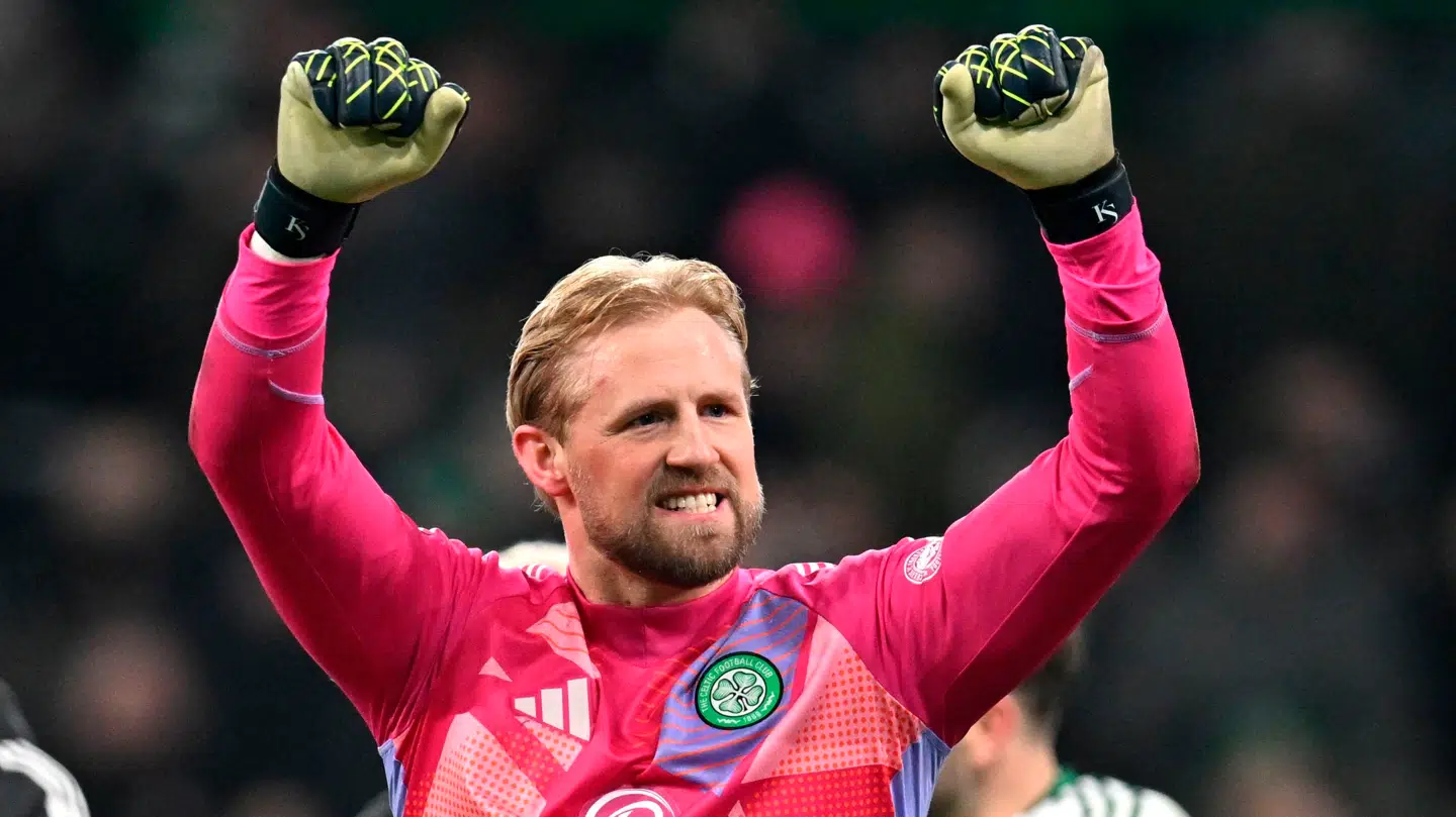 Den danske landsholdsspiller Kasper Schmeichel jubler, efter han lørdag gjorde comeback for sin skotske klub Celtic.