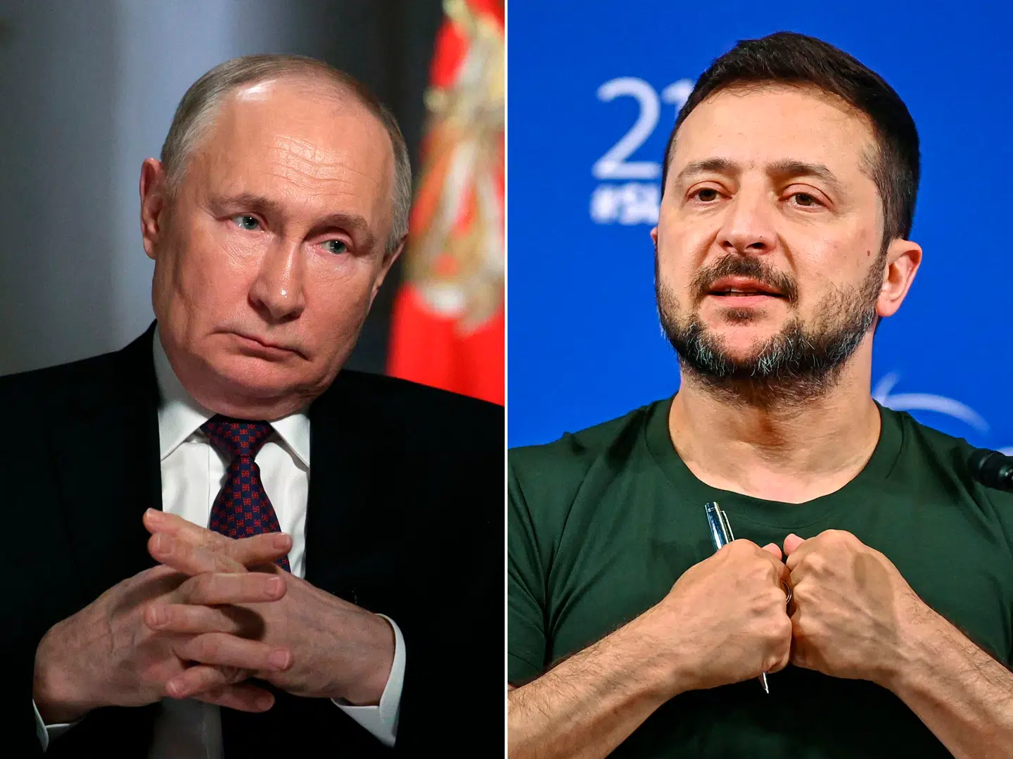Både Ruslands præsident, Vladimir Putin, (tv.) og Ukraines præsident, Volodymyr Zelenskyj, (th.) er begyndt at tale Trump efter munden – af hver sin årsag.
