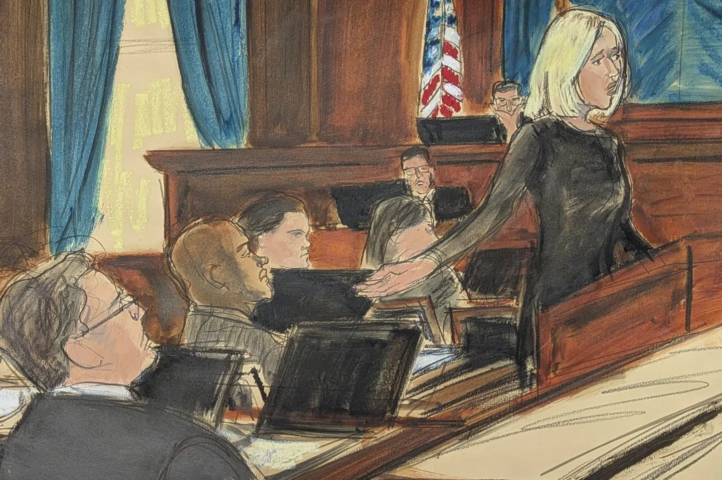 Anklager Emily Johnson skitseret i retten. På tegningen gestikulerer hun mod Sean "Diddy" Combs.