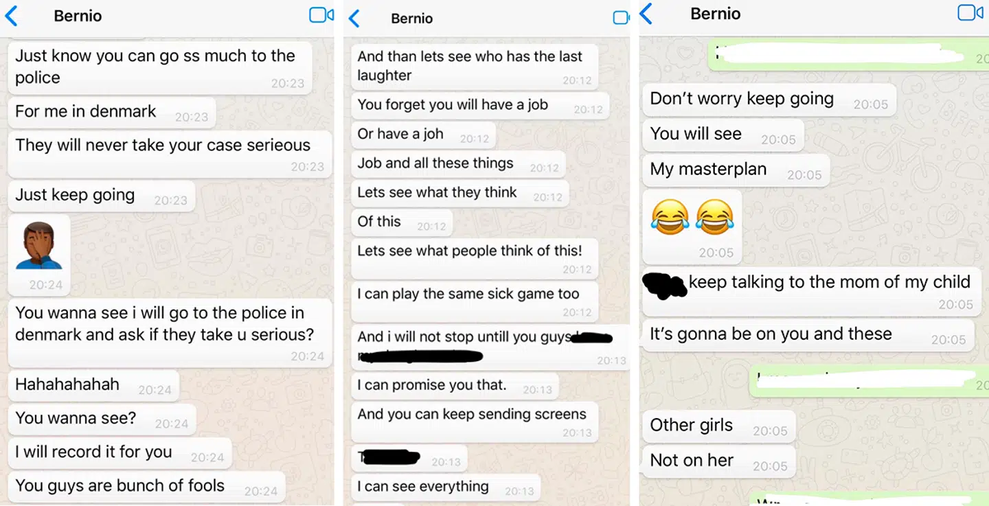 Screendumps fra Bernio Verhagens korrespondence med én af kvinderne. Her afslører han, at han kan følge med i kvindernes gruppe på Facebook.