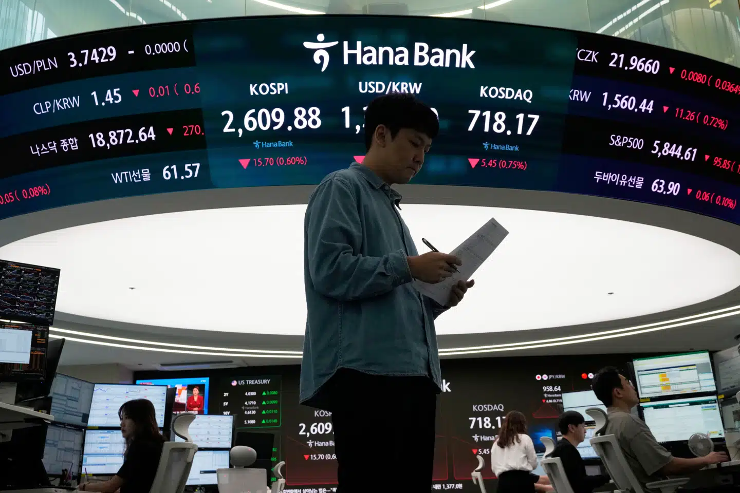 Der er røde tal på de asiatiske børser torsdag morgen efter et større fald i USA onsdag. Her studerer en valutahandler udviklingen på den sydkoreanske børs, Korea Composite Price Index (Kospi).