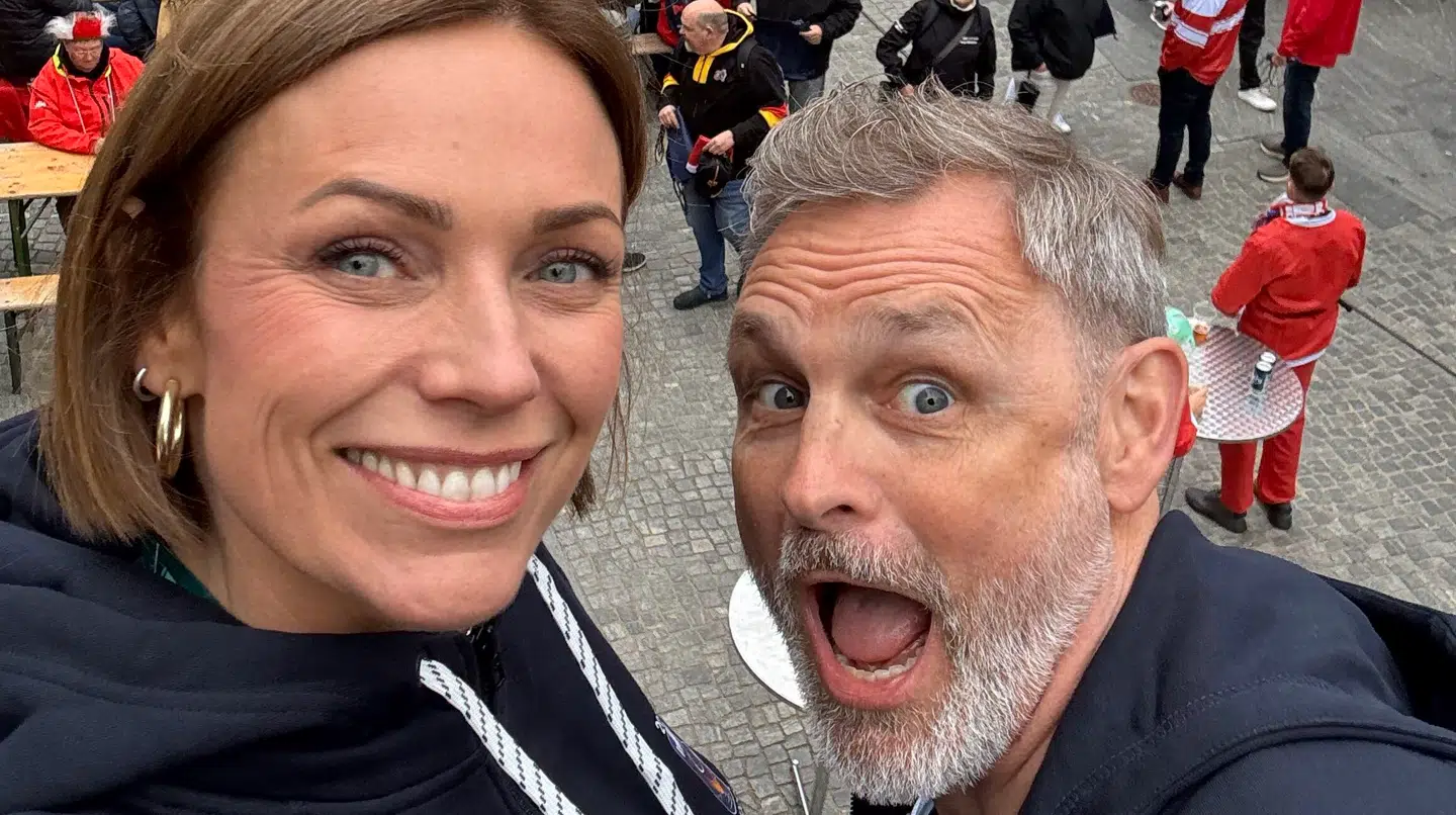 Lisebeth Østergaard og Claus Elming har været værter for fanzonen under VM-slutrundens kampe i Jyske Bank Boxen i Herning.