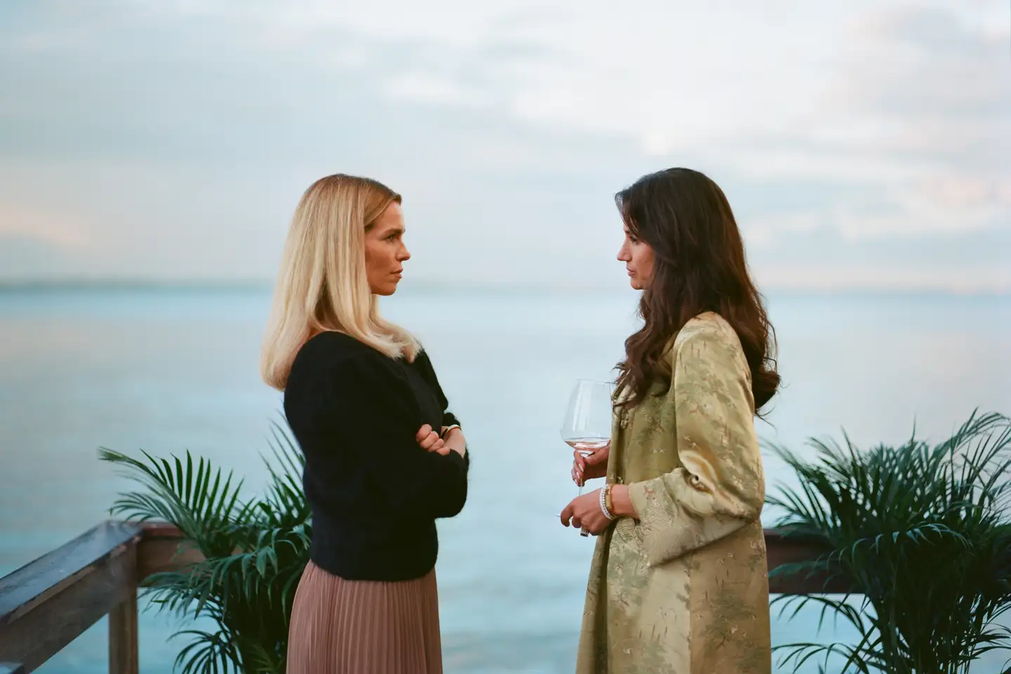 »Nogle gange kommer en tv-serie med en indlagt kritik af virkelighedens skurkagtige systemer, strukturerer og grupper i samfundet.« Her ses Marie Bach Hansen som Cecile Mike Vinter-Jensen og Danica Curcic som Katarina Hoffmann i »Reservatet«. Foto: Jasper Spanning/Netflix