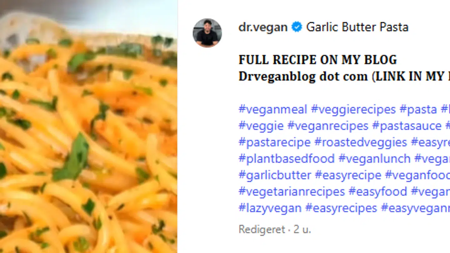 Det var denne pasta fra Instagram-profilen dr.vegan, der satte internetbrugernes kritik i gang. Nu lægger den danske influencer sig fladt ned.