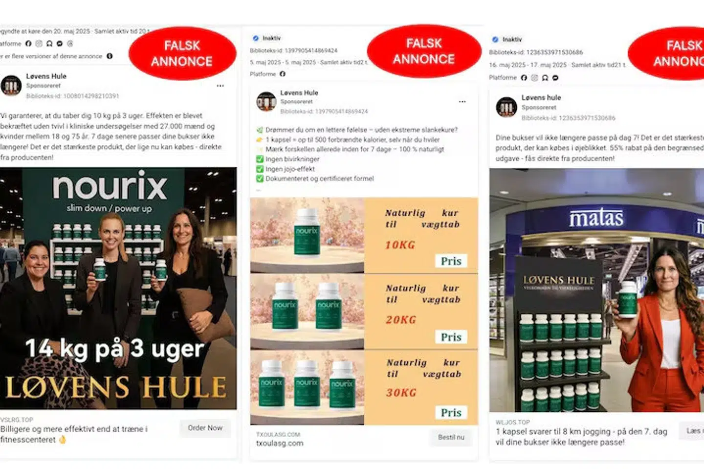 Eksempler på svindelannoncer, som bruger DR's program "Løvens hule" til at lokke brugere på sociale medier til at foretage køb.