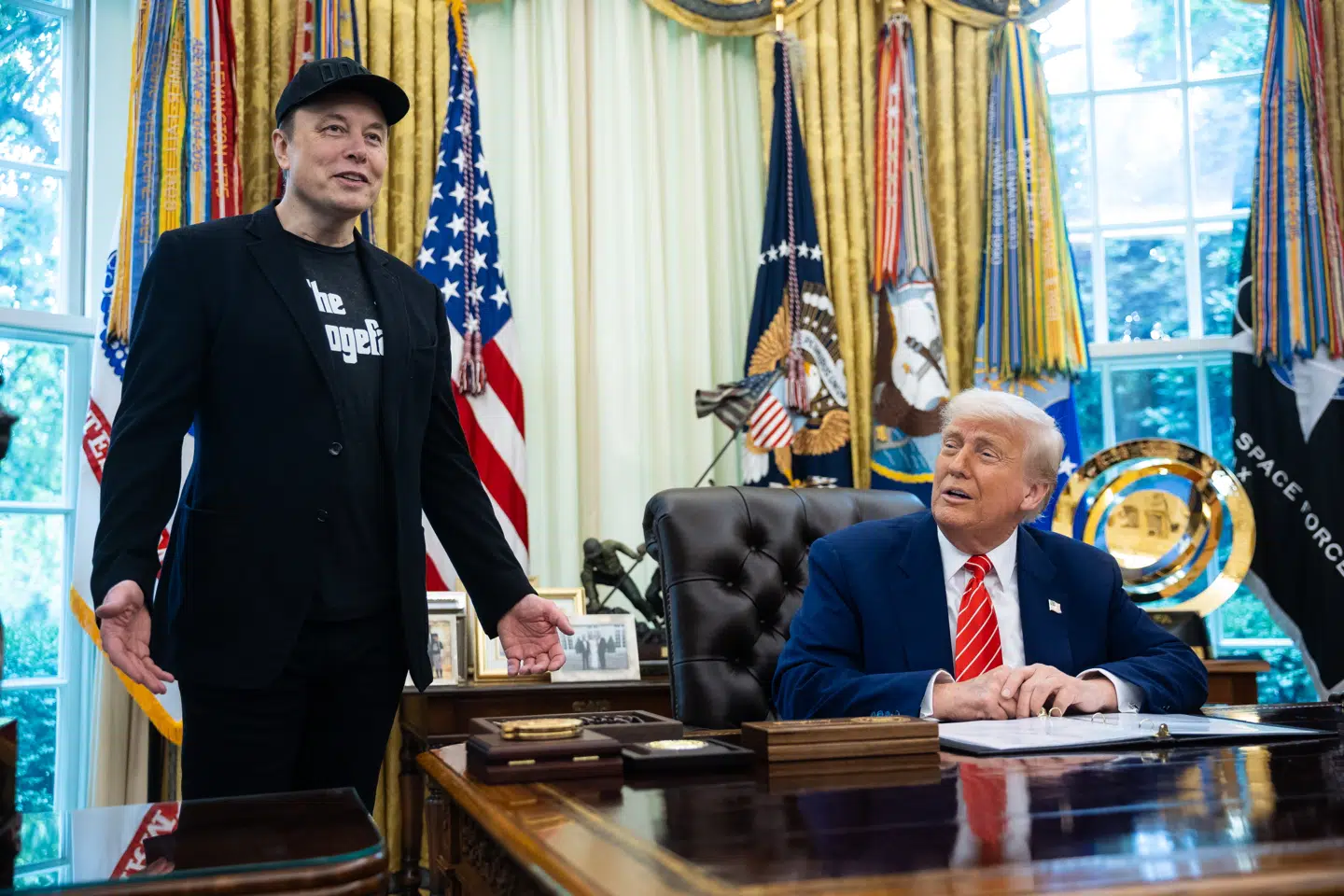 Her ses Elon Musk og den amerikanske præsident, Donald Trump, under et pressemøde fredag i sidste uge, hvor rigmanden havde sin sidste officielle arbejdsdag i Det Hvide Hus.