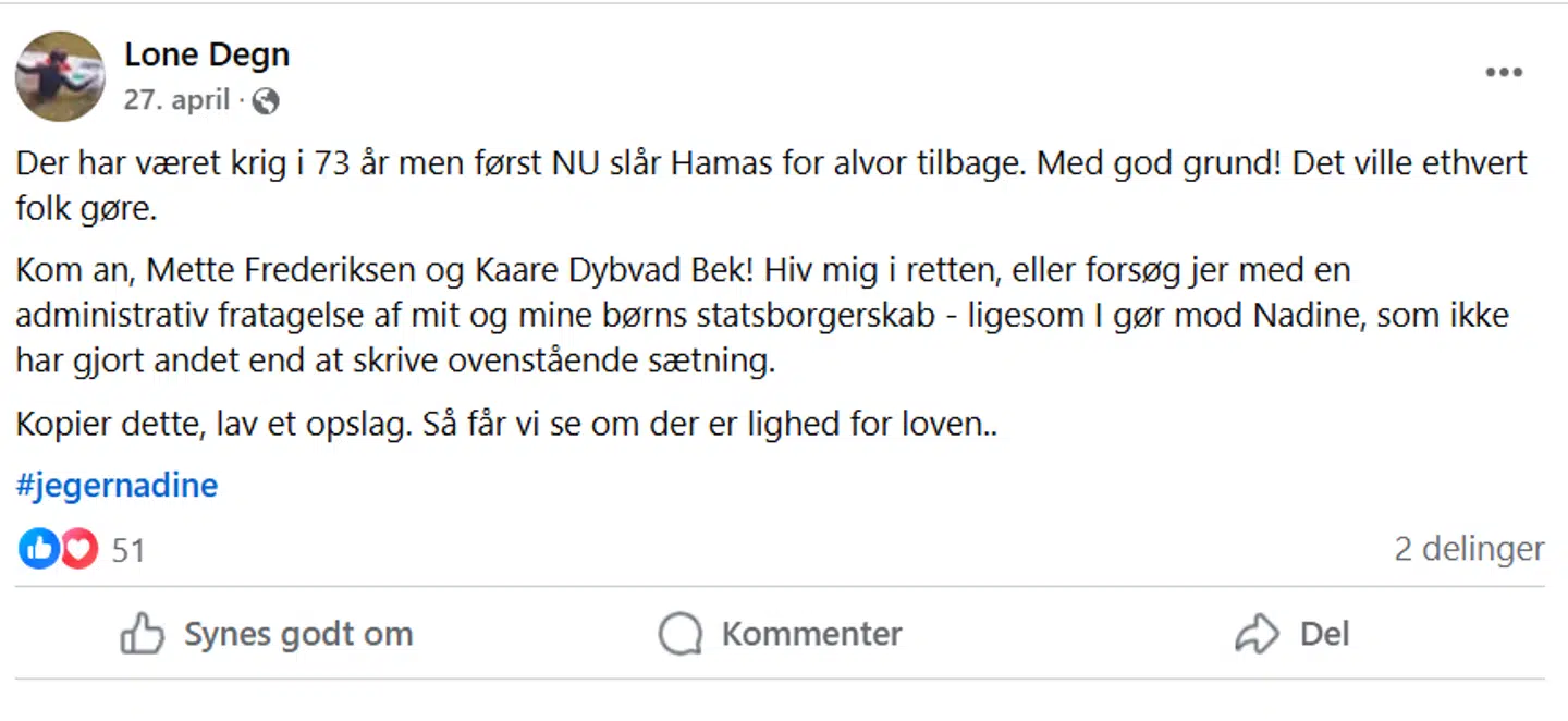 Her ses Lone Degns opslag på Facebook.