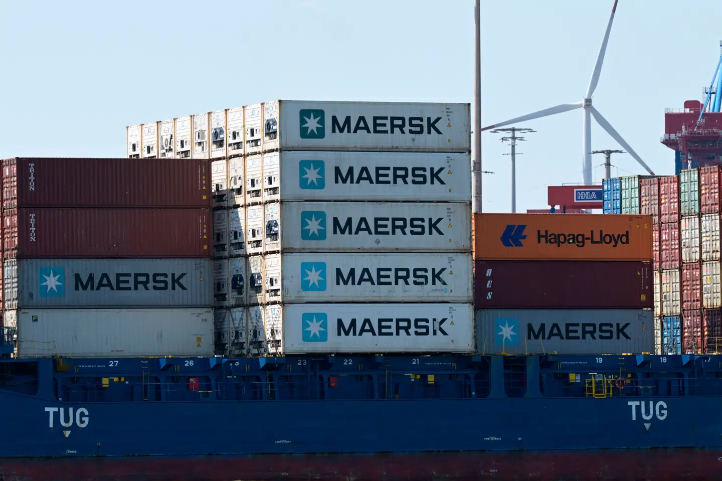 Cargo shipping containers sit on an a cargo ship of the Danish company Maersk docked at the Burchardkai container terminal at the harbour of Hamburg, northern Germany, on June 3, 2025. (Photo by FABIAN BIMMER / AFP)