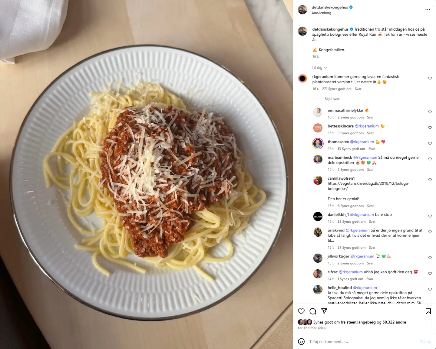 Kongehuset delte efter Royal Run mandag dette billede af Kongefamiliens aftensmad.