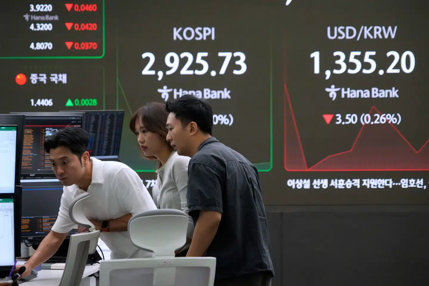 Valutahandlere følger nøje med i udviklingen på skærmen i den sydkoreanske KEB Hana Banks hovedkontor i Seoul fredag morgen efter nattens voldsomme angreb mod Iran.