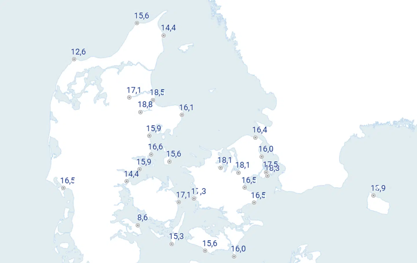 Her ses kortet på med badevandstemperaturer på dmi.dk klokken 20:28 fredag aften.