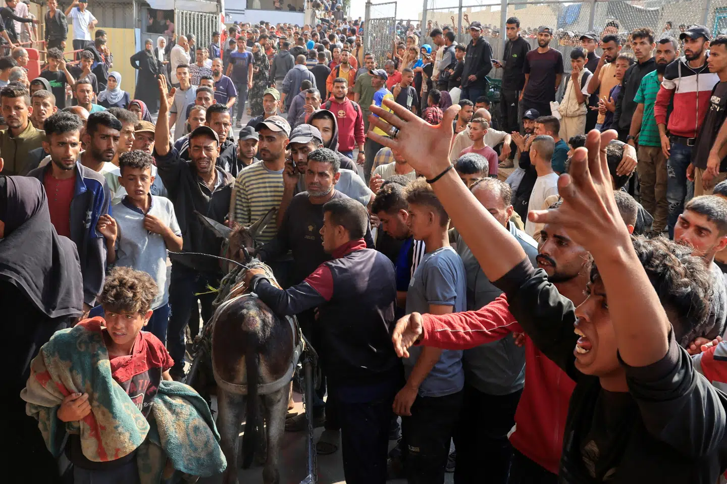 Folk reagerer på, at palæstinensiske sårede bringes til Nasser-hospitalet tirsdag.