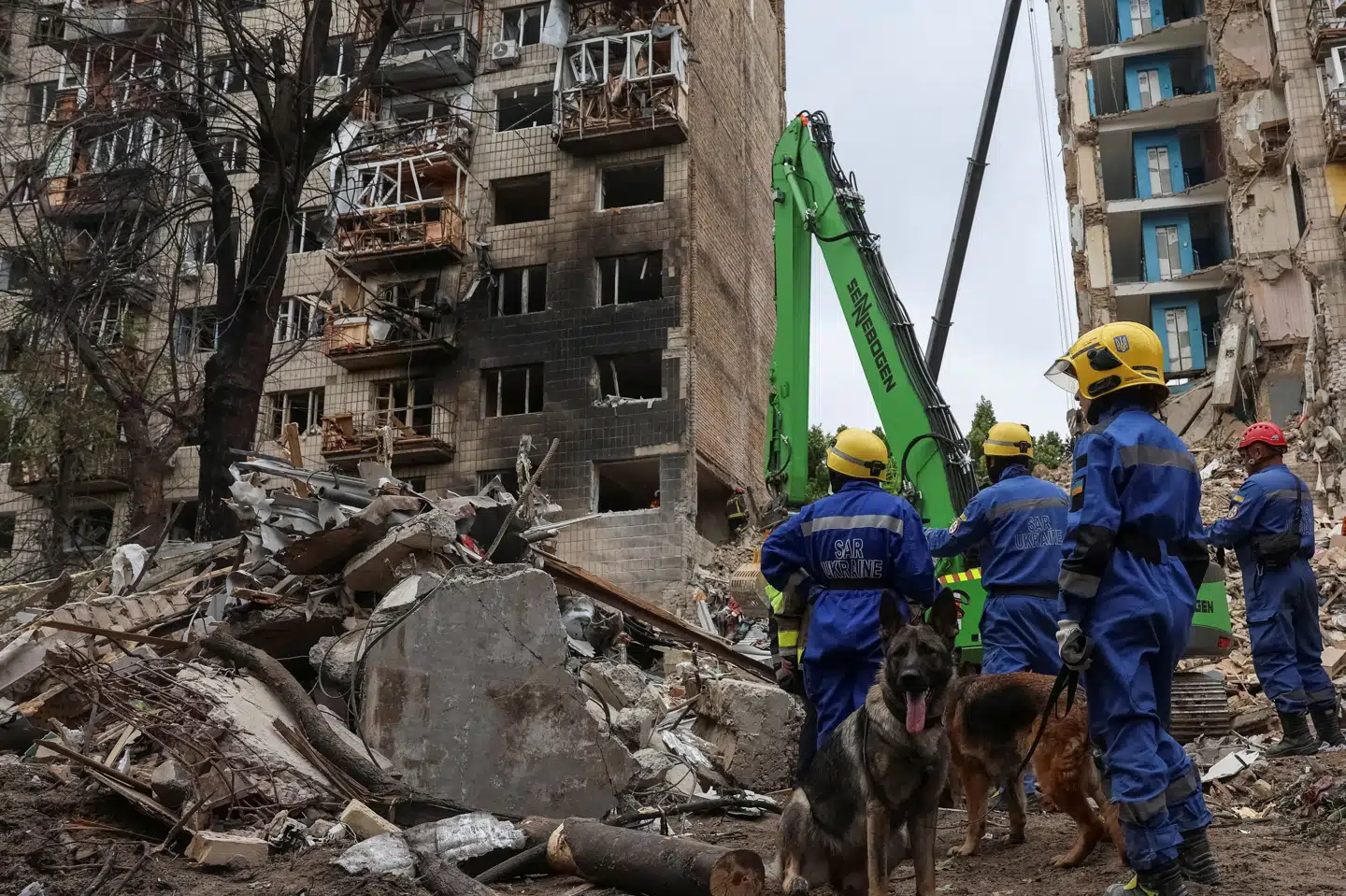 Redningsfolk leder med hunde efter borgere i murbrokker i ødelagt bygning i Kyiv.