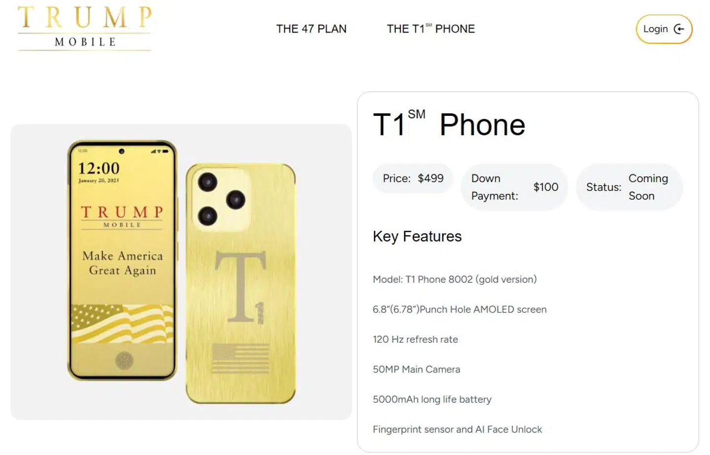 Sådan præsenteres den guldbelagte Trump-mobiltelefon på nettet, hvor man kan forudbestille den til levering i august.