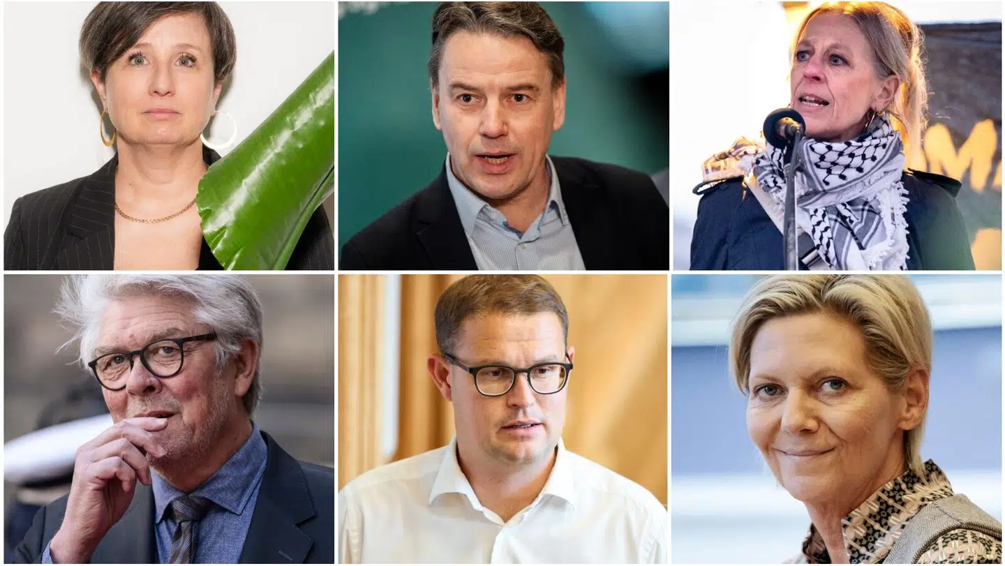 Sasha Frank fra Å (øverst tv.), Christian Friis Bach fra V (øverst i midten.), Trine Pertou Mach fra EL (øverst th), Karsten Hønge fra SF (tv.), Christian Rabjerg Madsen fra S (i midten) og Charlotte Munch fra DD (th.)