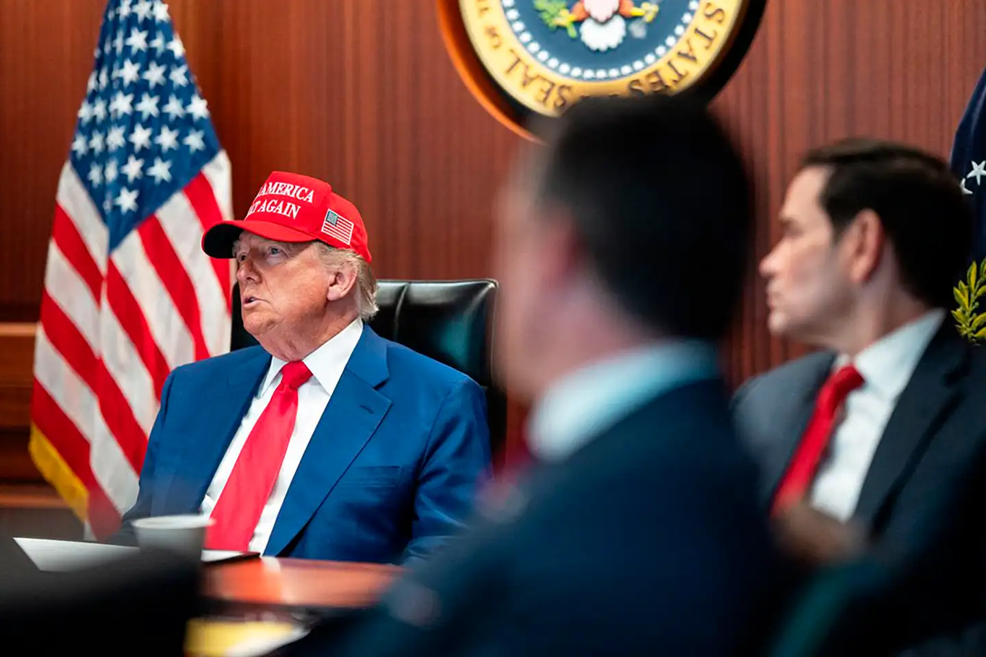 Donald Trump i det såkaldte »Situation Room« i Det Hvide Hus under USAs angreb på Iran i weekenden.